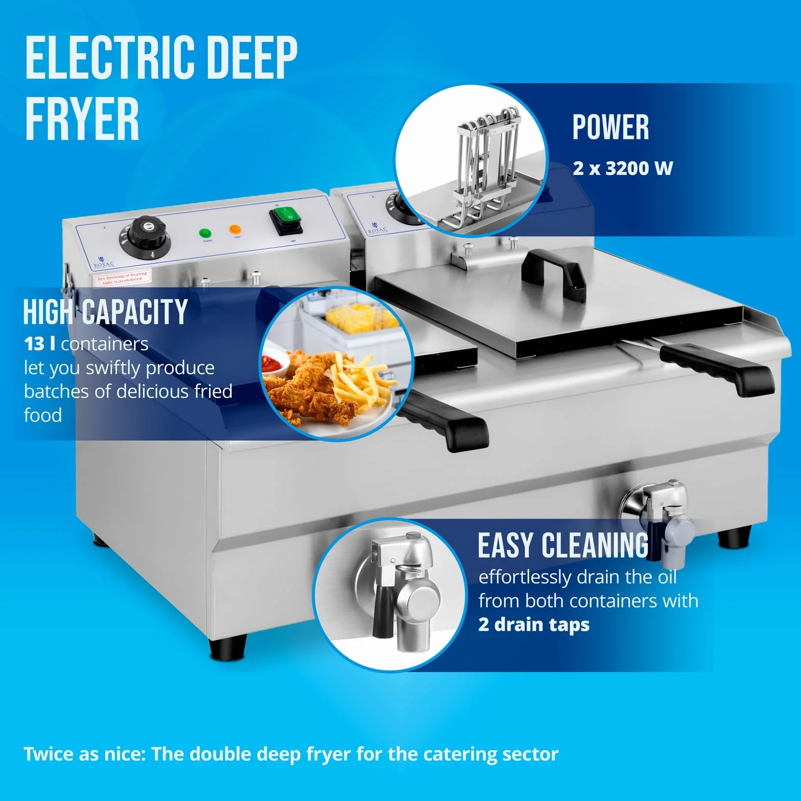 Royal Catering Freidora Eléctrica Doble Para Hostelería 2 x 13 Litros 230 V RCEF 13DB (2 x 3.200 W, Grifos De Vaciado, Temperatura: 50-200 °C)