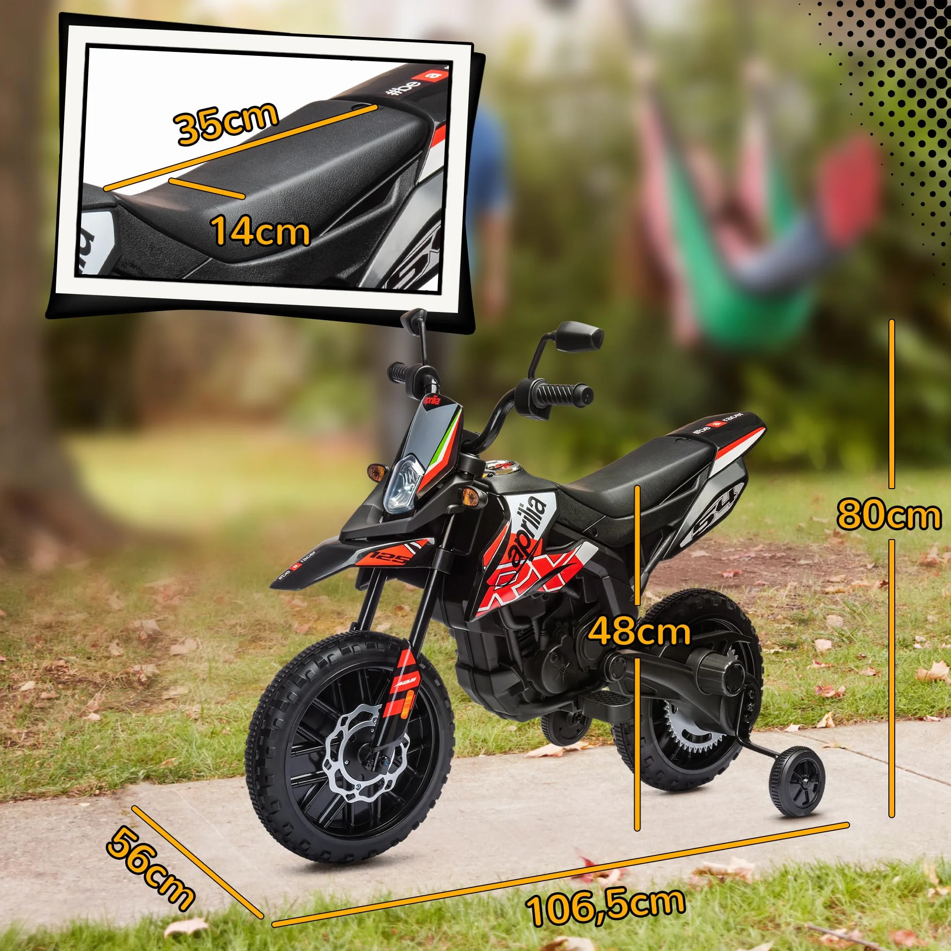 AIYAPLAY Moto Eléctrica Infantil 12V Aprilia con Ruedas Auxiliares, 6 km/h, Rojo