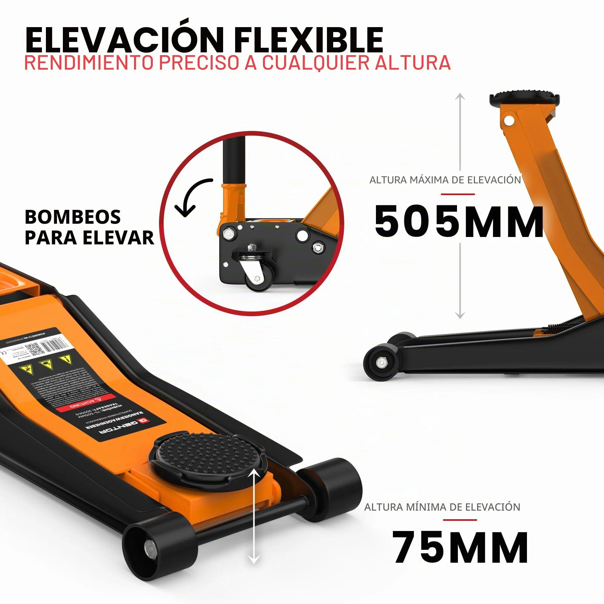 Gato hidráulico 3T de Perfil bajo 75-505mm con 2 Soportes de Goma – Elevador para Coche con Ruedas giratorias 360° – Naranja