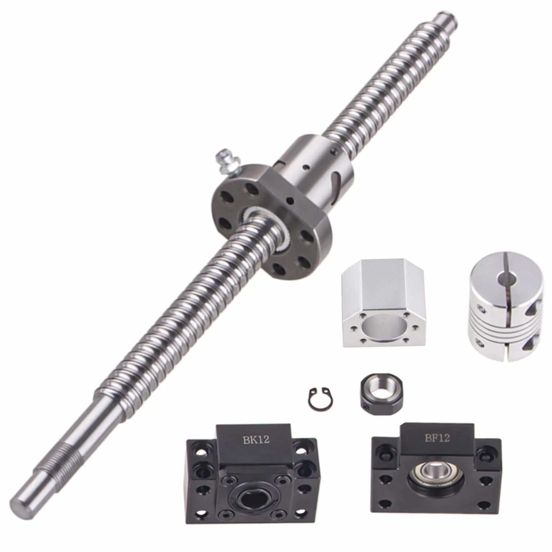 SFU1605 Husillo de bolas de 1200 mm, tornillo de potencia de acero inoxidable con soporte BK12/BF12, carcasa de tuerca DSG16H y juego de embrague CNC
