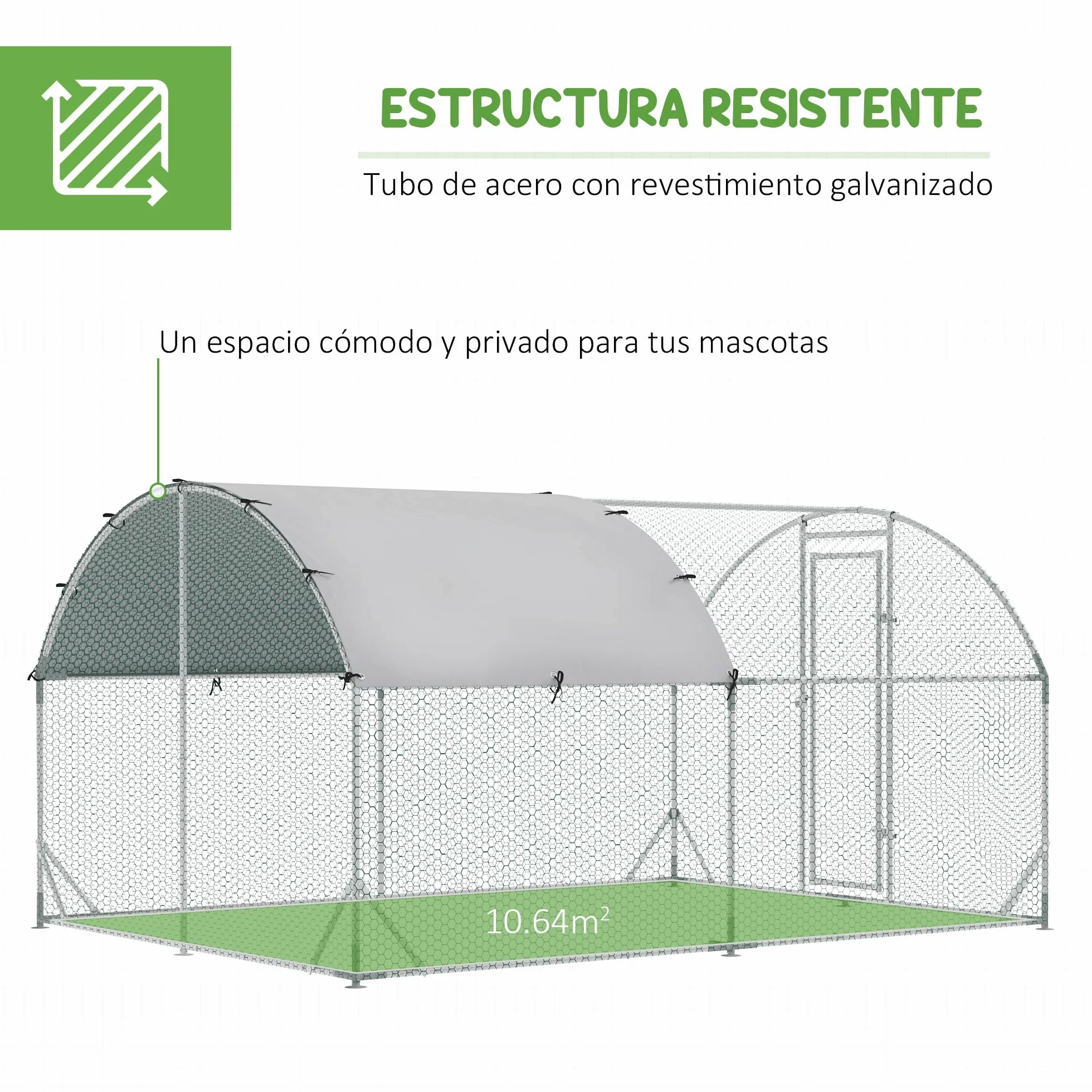 PawHut Gallinero para Exterior Grande 2,8x3,8x1,97 m Jaula para 6-12 Gallinas de Acero Galvanizado con Techo de Tela Oxford Corral y Cerradura para Conejos Aves Plata