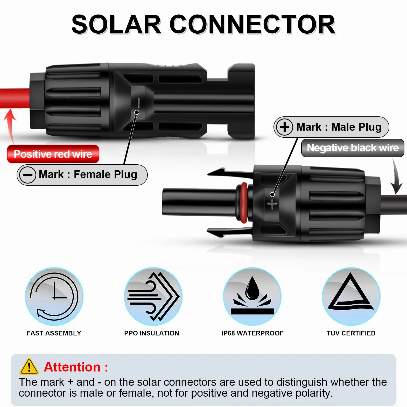 iGreely Cable de extensión de panel solar de 6 mm²/10 AWG con conector de panel solar hembra y macho, adaptador de cable de panel solar impermeable de 6 m (20 pies rojo + 20 pies negro)