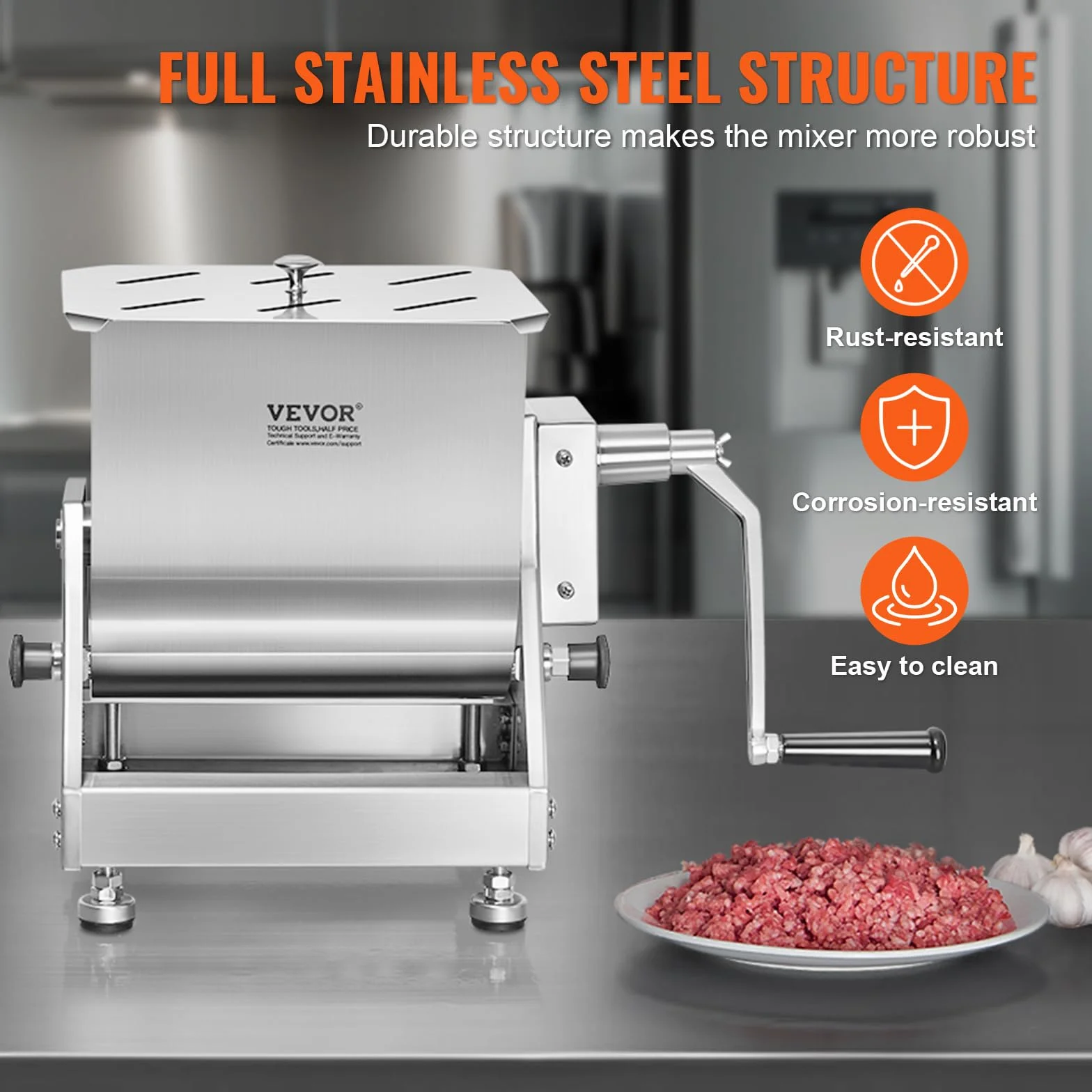 VEVOR Mezcladora de Carne Manual Tanque Basculante Equipo de Procesamiento de Carne Mezcla Máxima de 20,4 kg Mezcladora de Salchichas de Acero Inoxidable con Tapa, Manija, Reductor de Engranajes