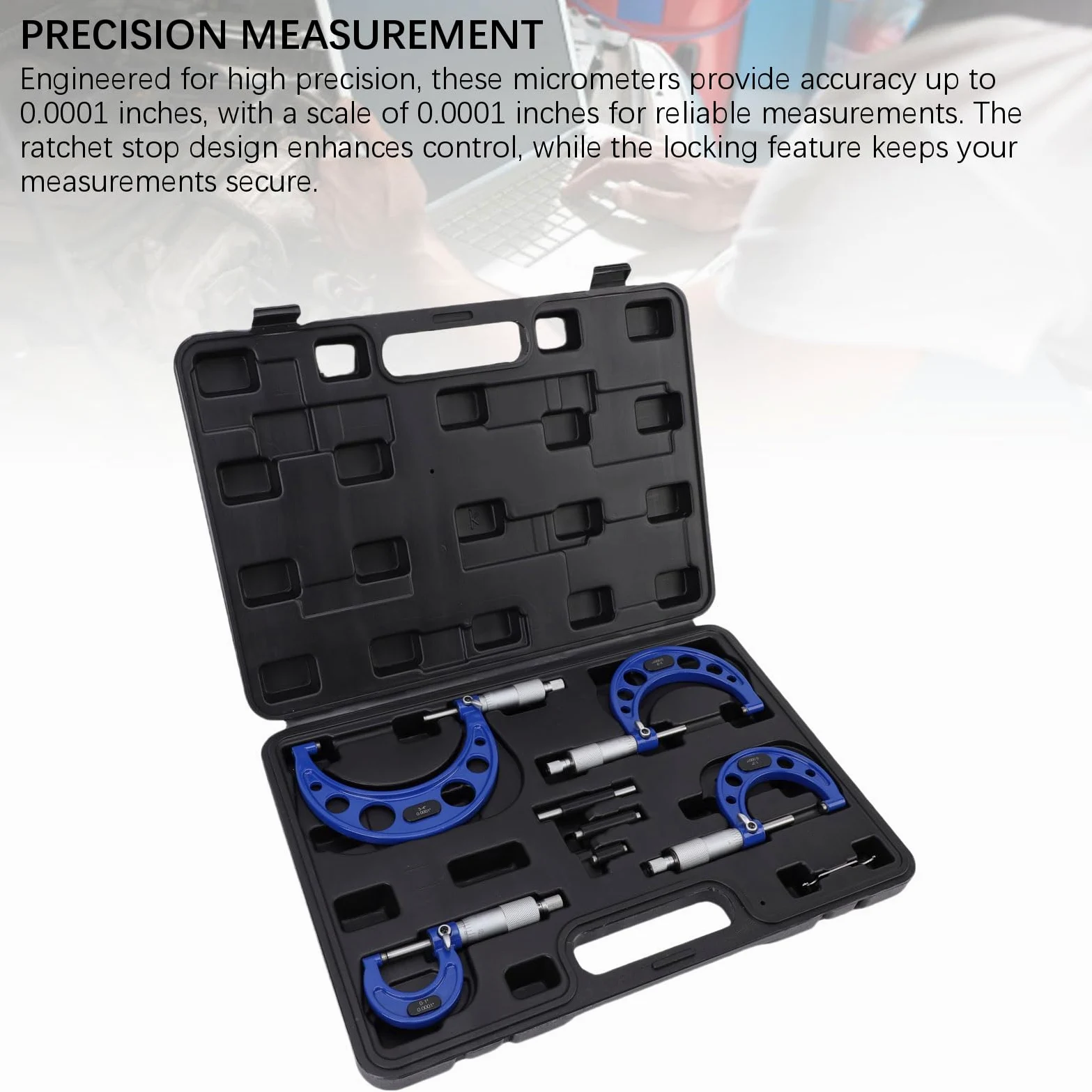 Yctze Juego de Micrómetro Exterior, 4 Piezas 0-1, 1-2, 2-3, 3-4 Pulgadas con Estuche de Almacenamiento, Estándares de Calibración y Llave, Graduación de Ultra Precisión 0.0001, Utilizado para Medición