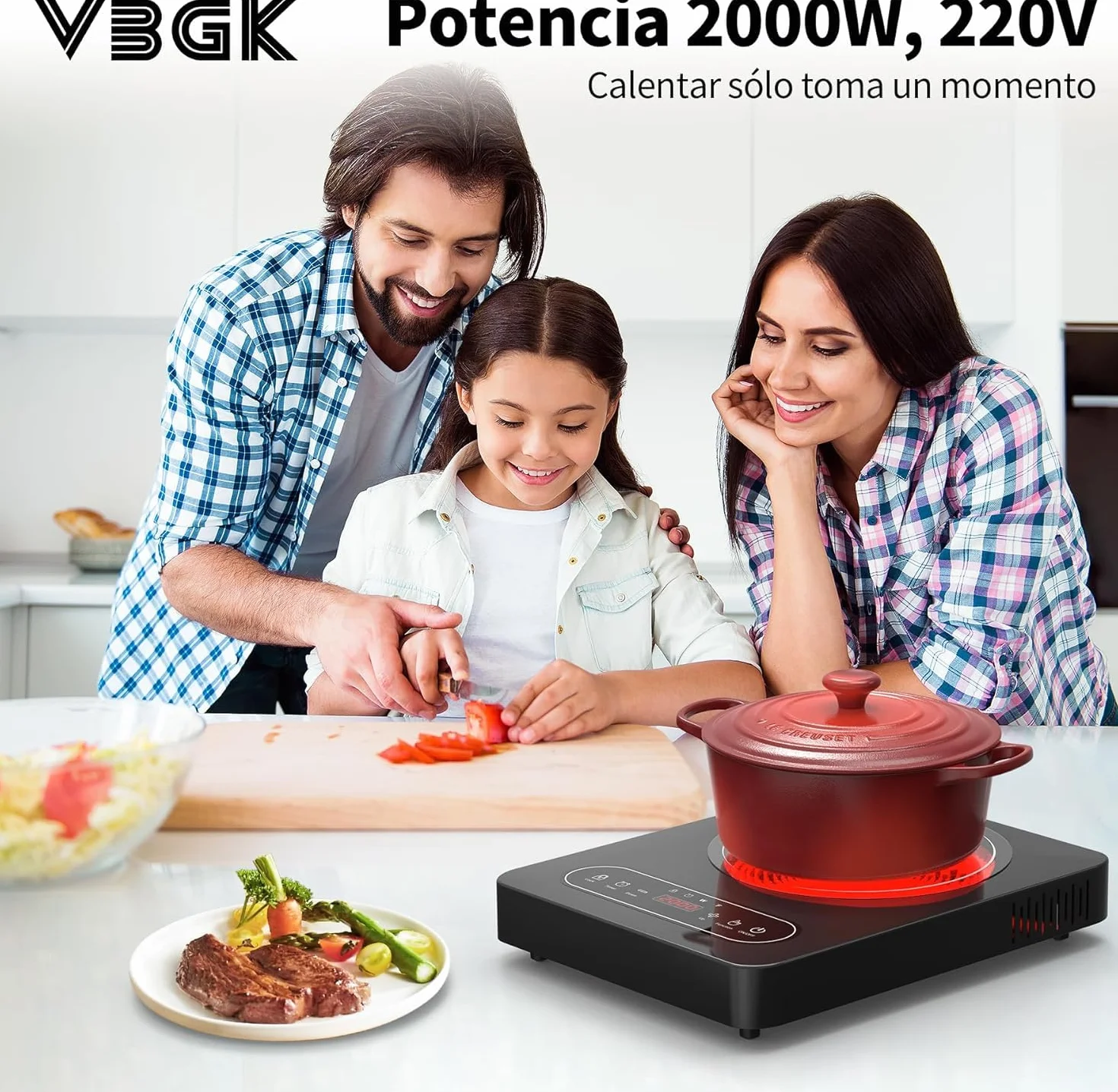 Placa Vitrocerámica Portátil 2000W 10 Niveles Temporizador 220V~240V Bloqueo Seguridad Controles Táctiles