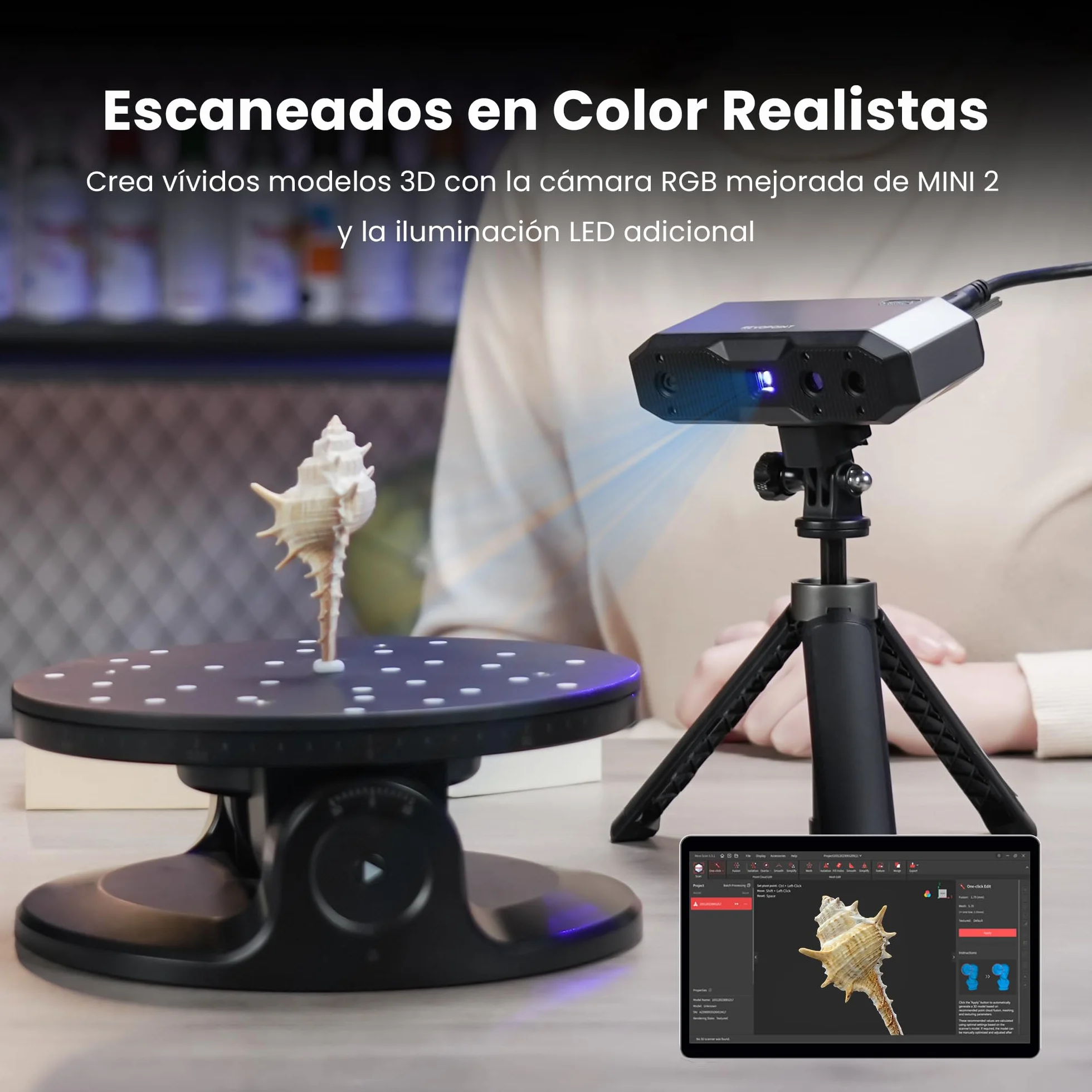 Revopoint MINI 2 Portátil Escáner 3D para Impresión 3D, Precisión 0,02mm, Escaneo Rápido 16 fps, Luz Azul Industrial, Escáner de Color Modelo 3D para Dental, Joyería y Objetos Pequeños, Estándar