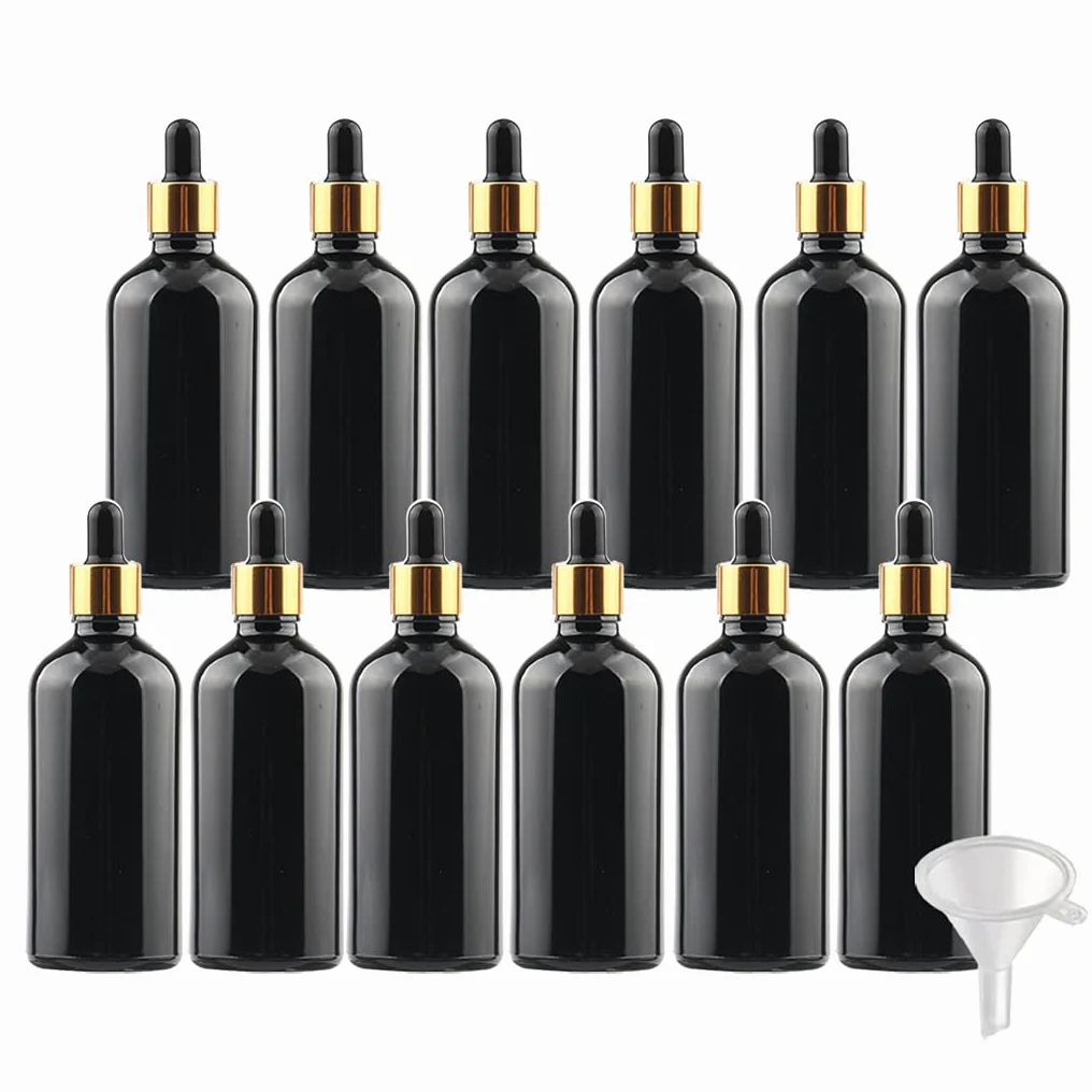 24 Piezas Negro Frasco Cuentagotas Cristal 100ml, Botellas Cuentagotas Vacío con Pipeta de Vidrio Oro/Negro, para Fragancias de Arorapia de Aceites Esenciales, Masaje, Viaje