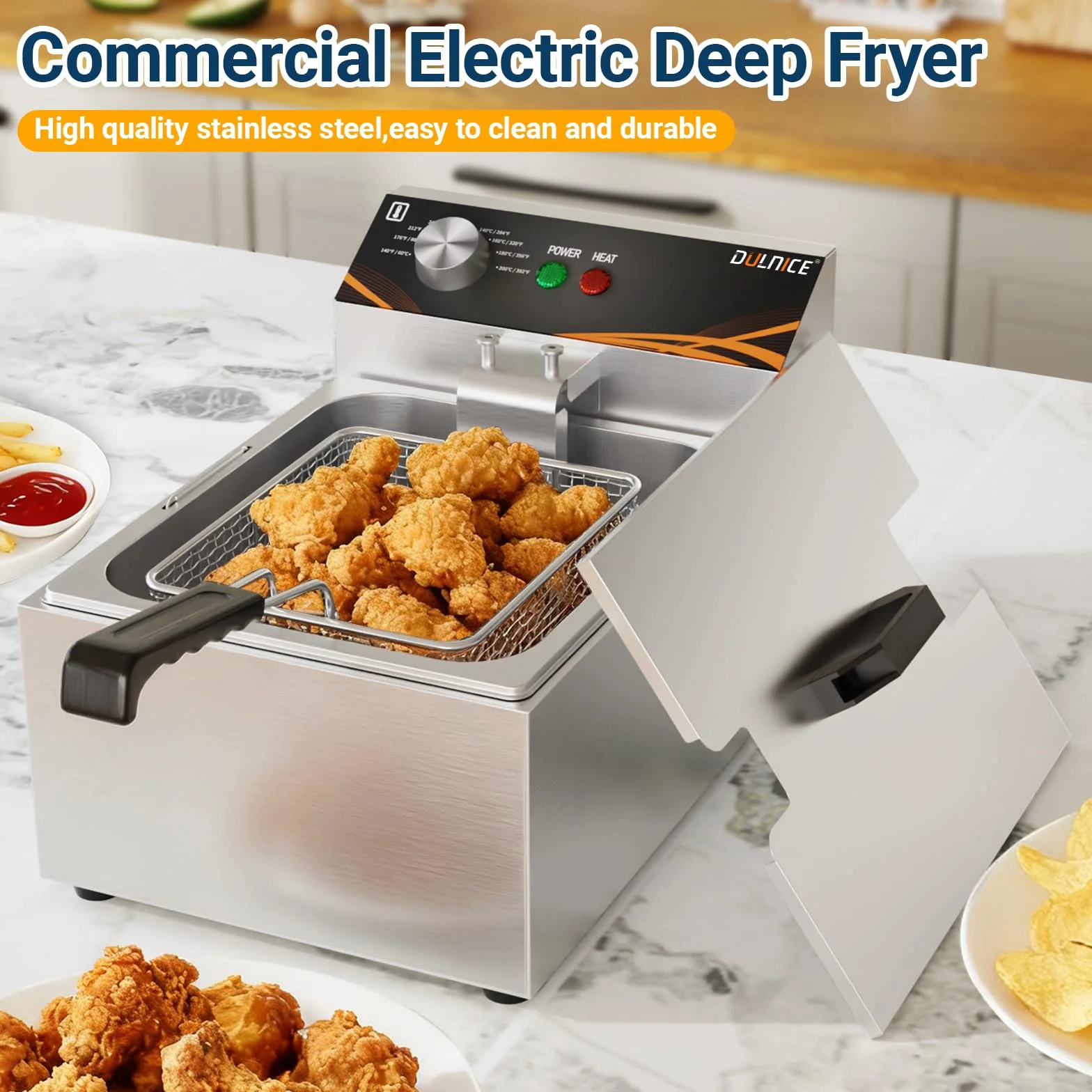 Freidora Eléctrica Industrial 6L,Fritidora eléctrica profesional de acero inoxidable de 3000 W con regulación de temperatura entre 60 y 200 °C, con tapa para uso doméstico y comercial