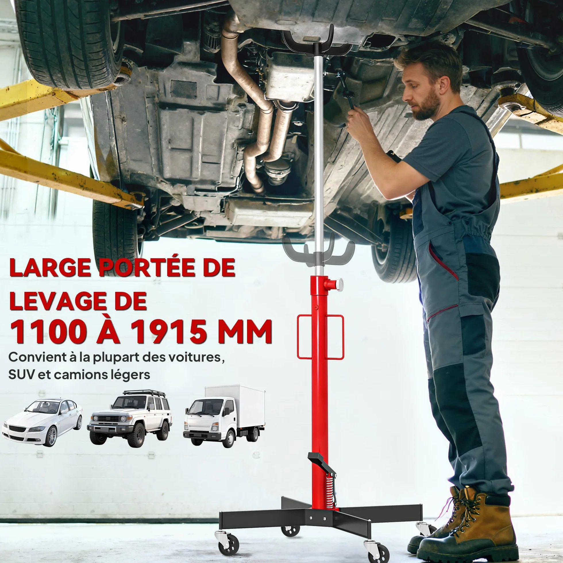 HOMCOM Gato hidráulico de foso para caja de cambios, gato elevador de acero 500 kg, altura regulable 110-191,5 cm, gato hidráulico de transmisión 4 ruedas giratorias, pedal, para coches, rojo