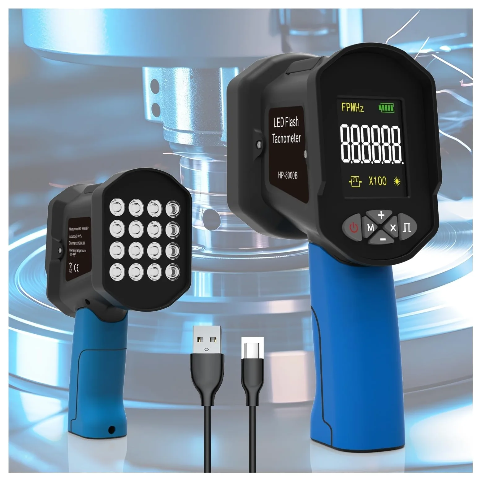 Estroboscopio digital de mano 0.001% Tacómetro con flash LED recargable Tacómetro estroboscópico sin contacto Para motores, tornos.