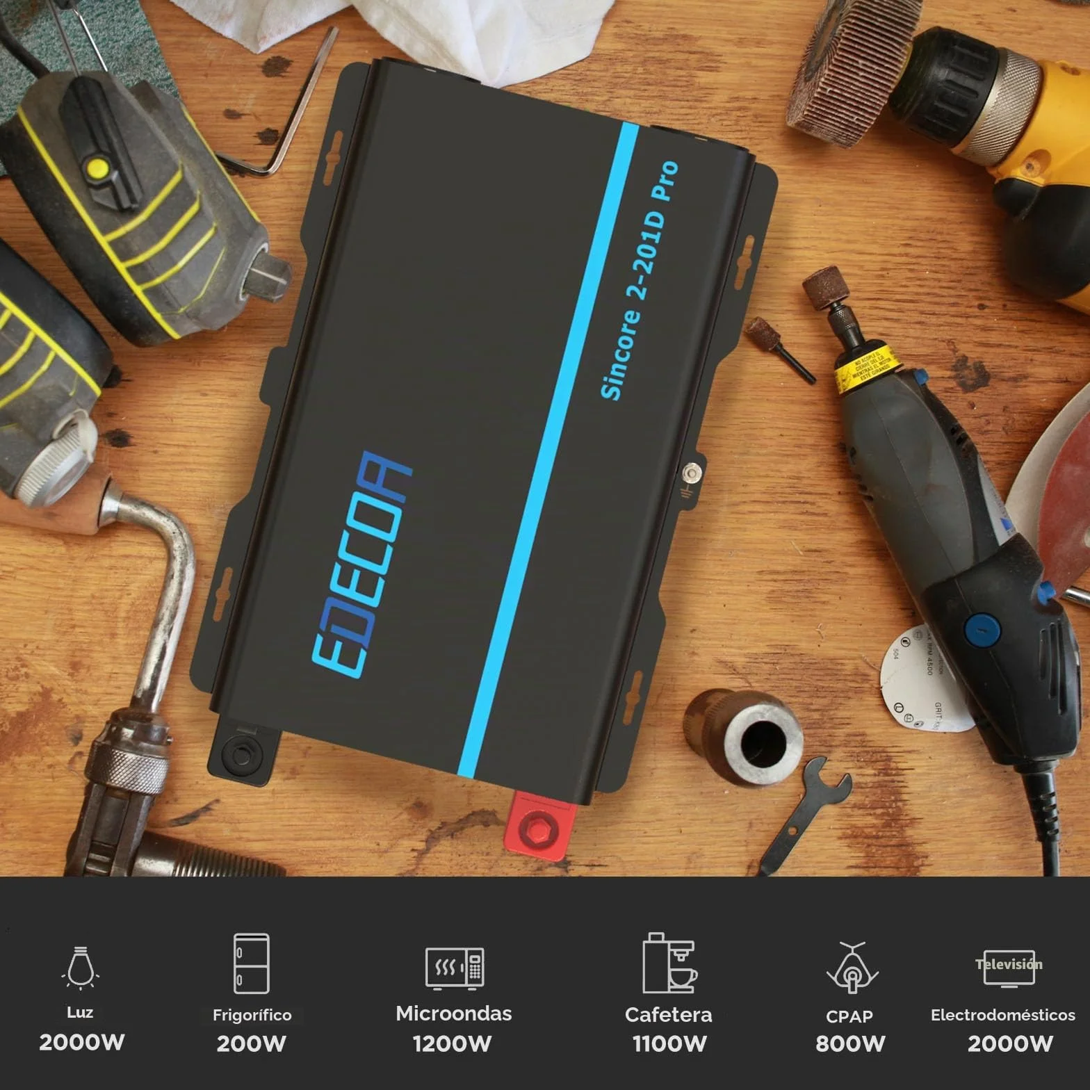 EDECOA Inversor 12v 220v Onda Pura 2000w con Mando a Distancia, LCD, USB Type-C, Ventiladores silenciosos, Compatible con baterías Gel, Agm, Litio para caravanas, Barco, Coche, Paneles solares