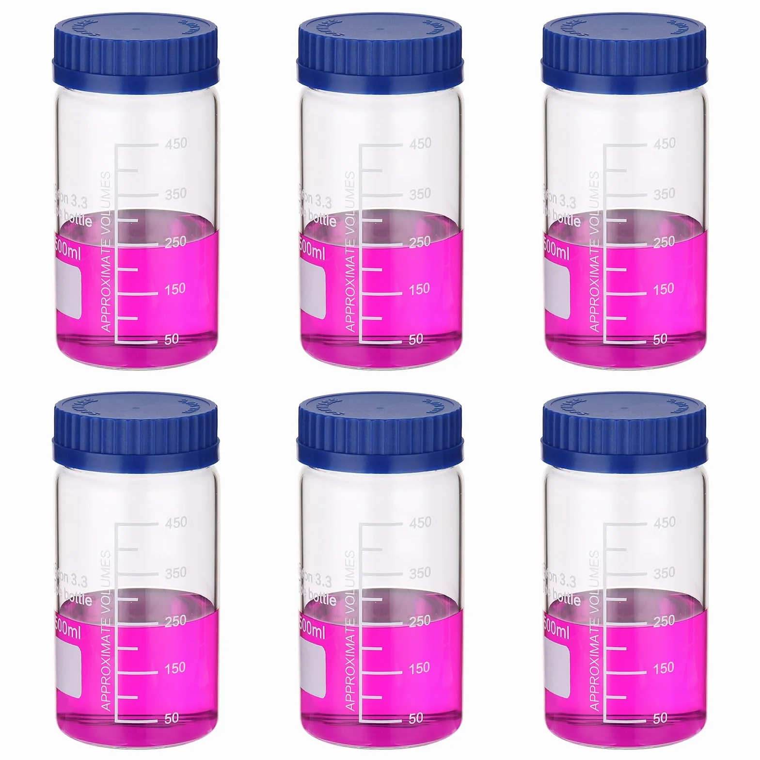 PATIKIL Paquete de 6 botellas de almacenamiento de medios de reactivo, 500 ml, botellas redondas graduadas de boca ancha con tapón de rosca azul GL32 para líquidos reactivos de agua de laboratorio,