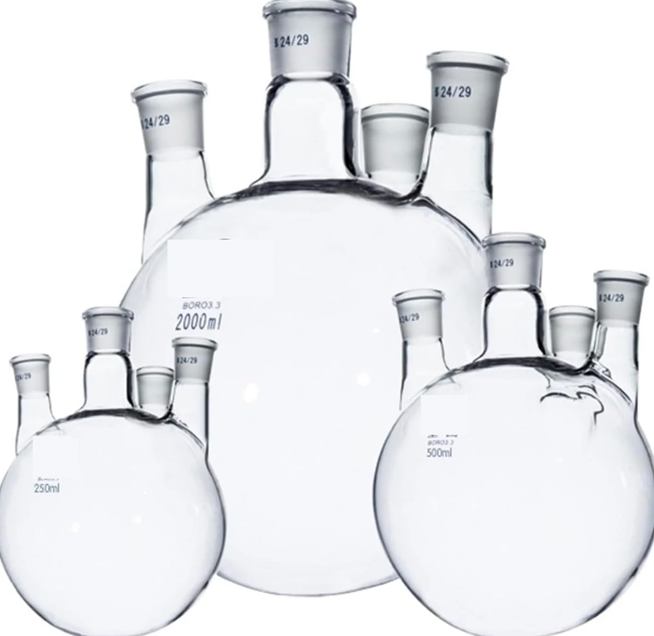 una botella hirviendo, Matraz de reacción de laboratorio de 4 bocas, recto, de fondo redondo y vidrio de borosilicato engrosado.(250ml 24x19x19x19)