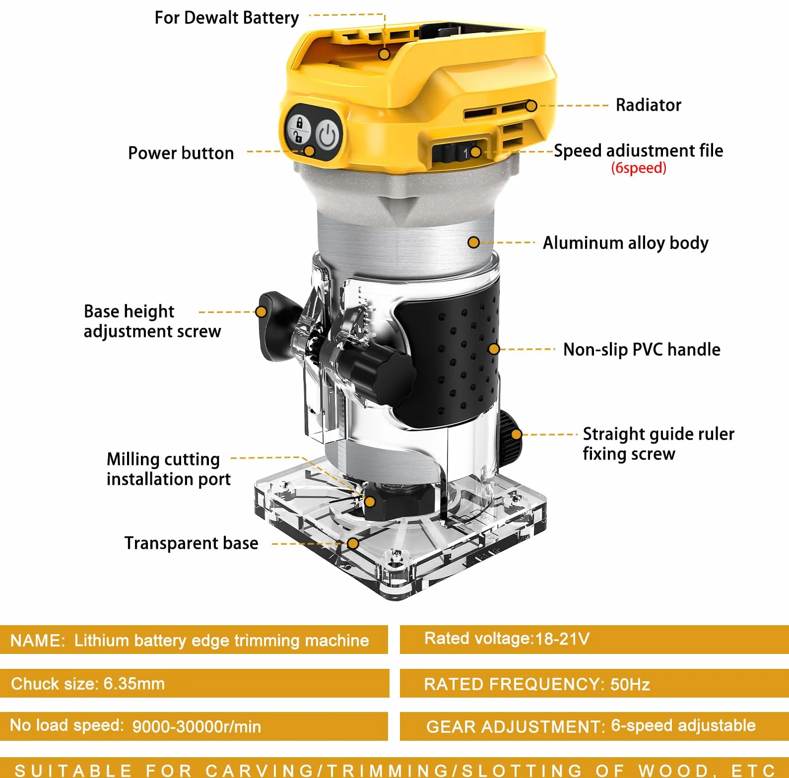Enrutador inalámbrico, compatible con batería Dewalt, 20 V 800 W, fresa portátil sin escobillas para carpintería, carpintería inalámbrica, recortadora con 15 fresas de 1/4 de pulgada (sin batería)