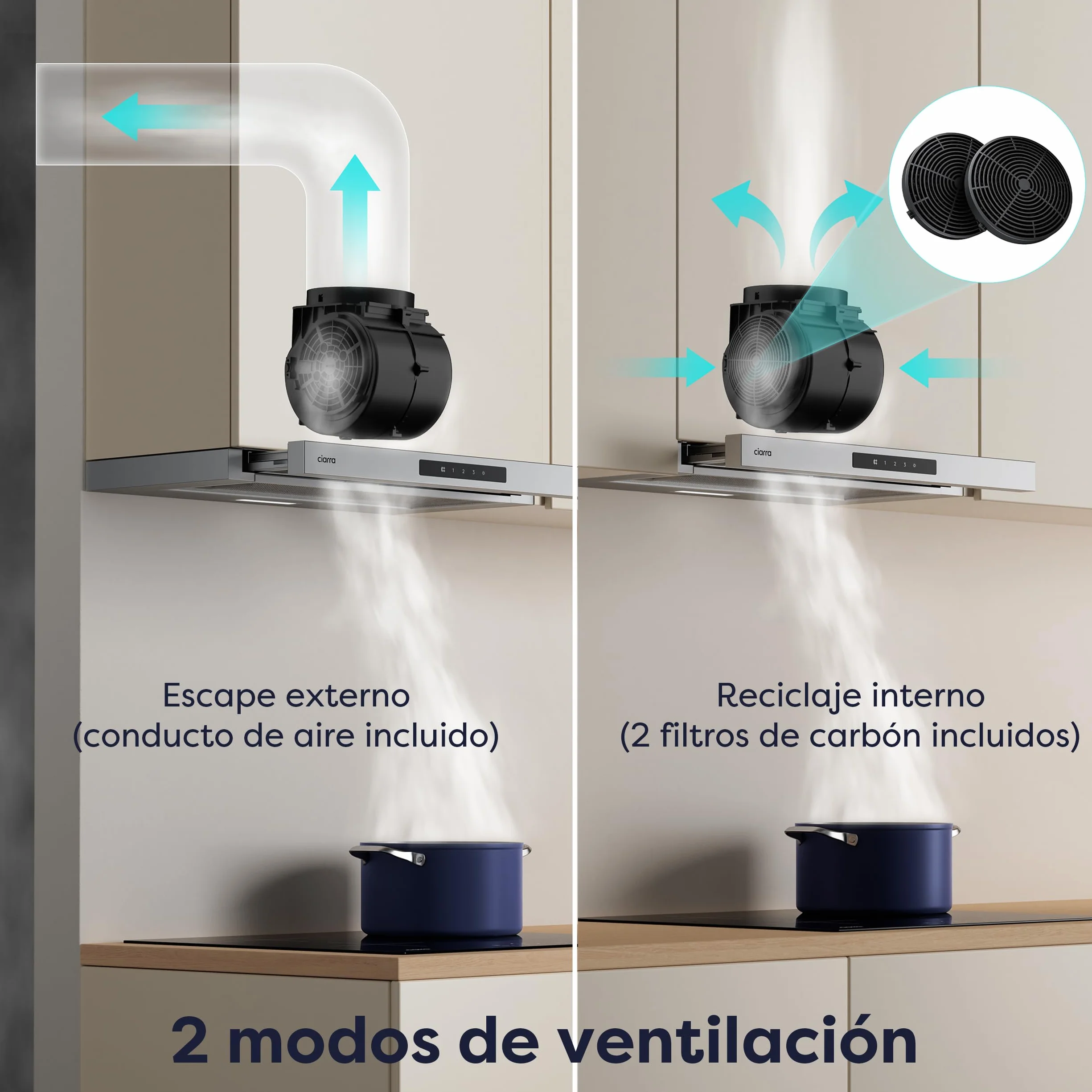 CIARRA CBCS6909A Campana Extractora Telescópica 60 cm 600 m³/h Clase A+ Acero Inoxidable Control Táctil LED