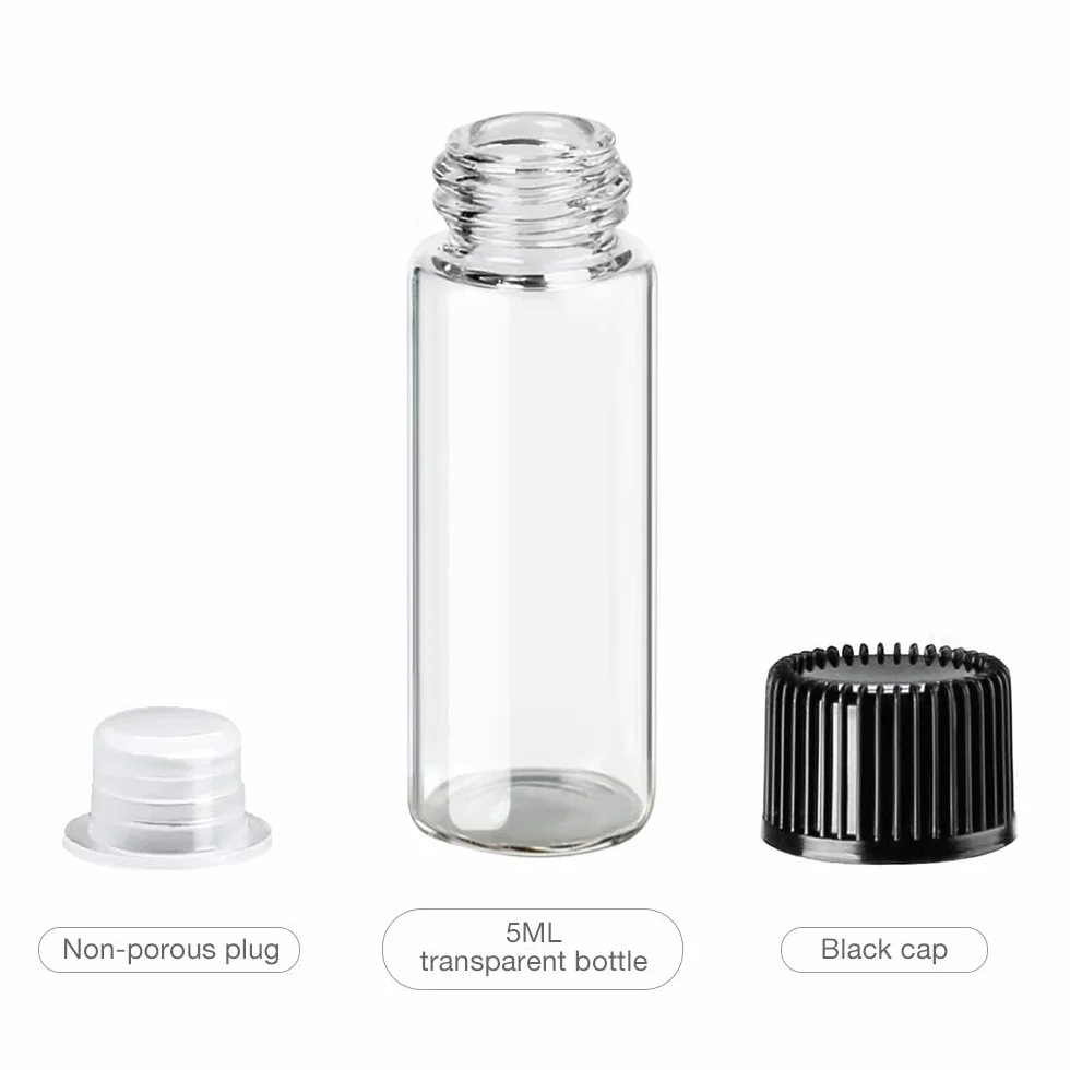 Botellas de Muestra de Vidrio 5ml con Tapa Negra de Rosca, Mini Viales Vacíos para Aceites Esenciales