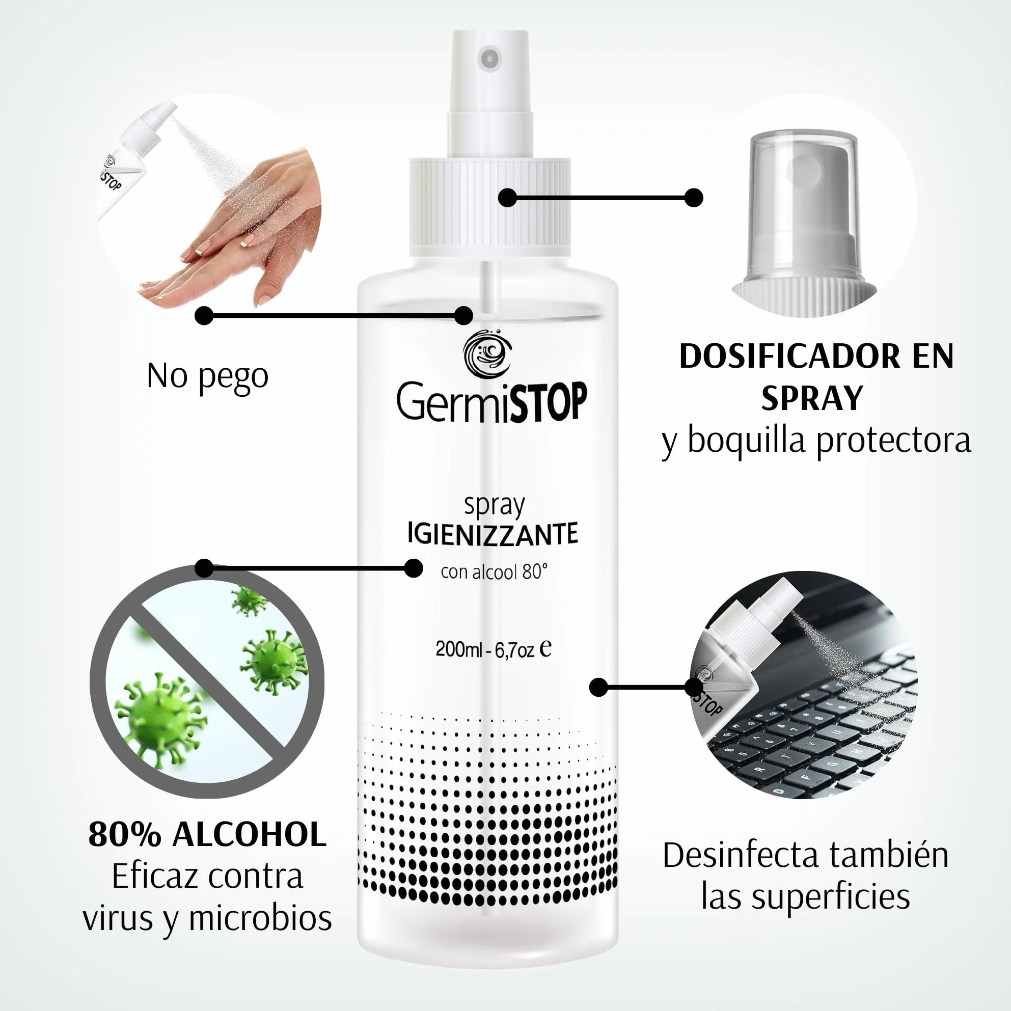 Higienizante de Manos 80% Alcohol 200ml Spray con Glicerina, Superficies