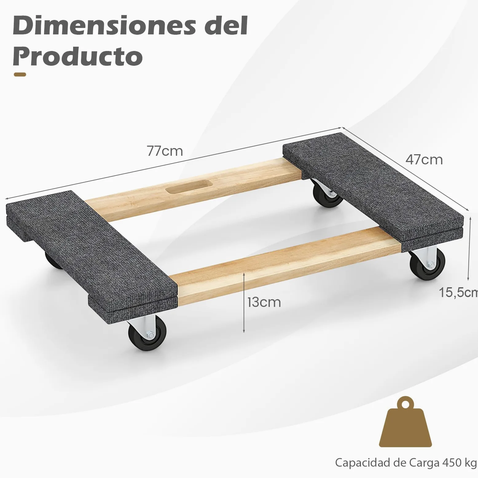 GYMAX Plataforma con Ruedas, 77 x 47 cm, Tabla de Ruedas de Madera de Acacia con 4 Ruedas Universales y Asa, Carga de hasta 450 kg, Tablero de Carro para Aparatos y Muebles con Cargas Pesadas
