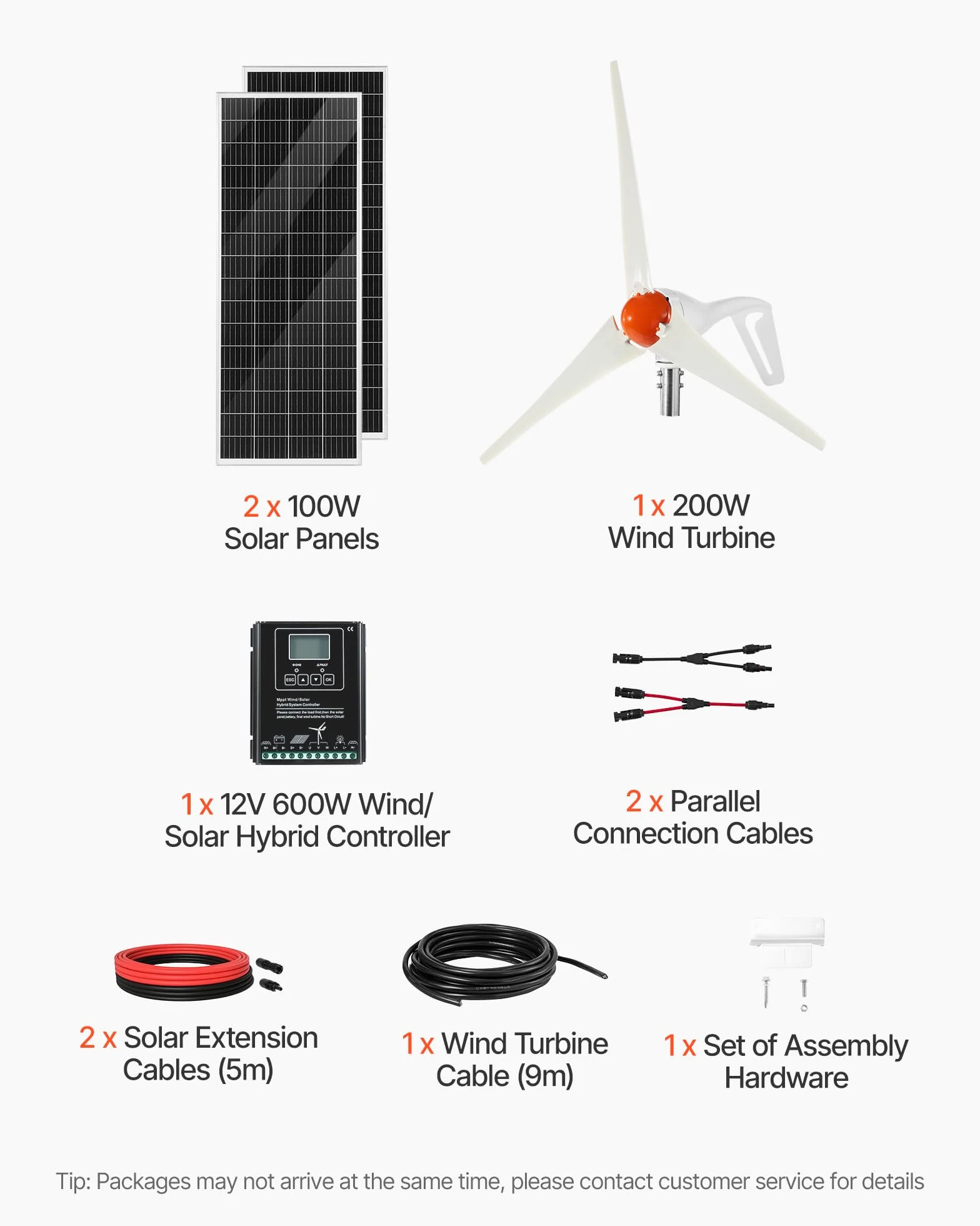 VEVOR Kit de Energía Solar Eólica de 12 V y 400 W con 2 Paneles Solares Monocristalinos de 100 W, Turbina Eólica de 200 W, Controlador Híbrido Eólico/Solar MPPT para Casas Rodantes, Barcos, Camping