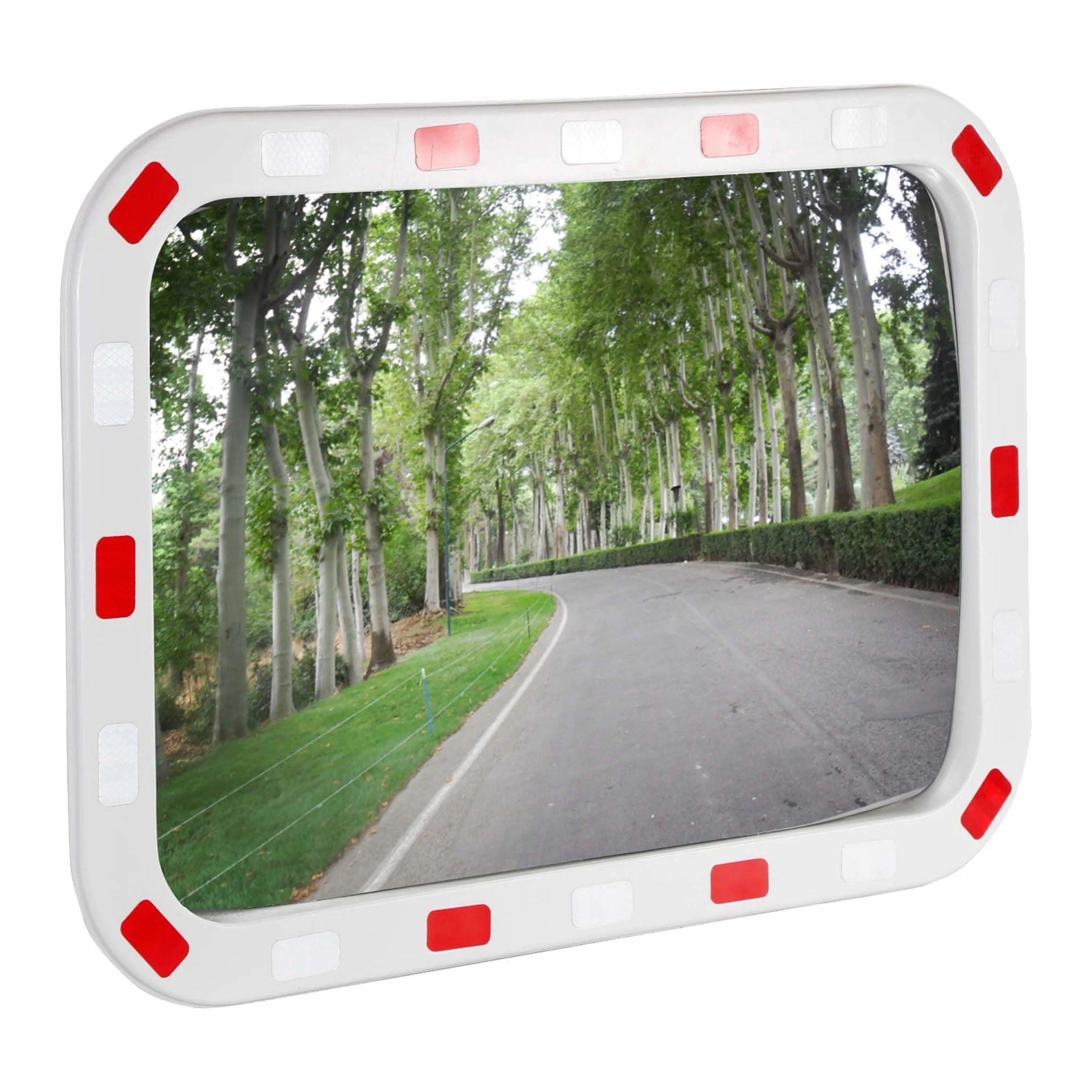 Wiltec Espejo de tráfico 70 x 90 cm convexo, espejo de seguridad angular con bandas reflectantes rojas y blancas, espejo convexo irrompible de plástico, espejo de vigilancia para salidas