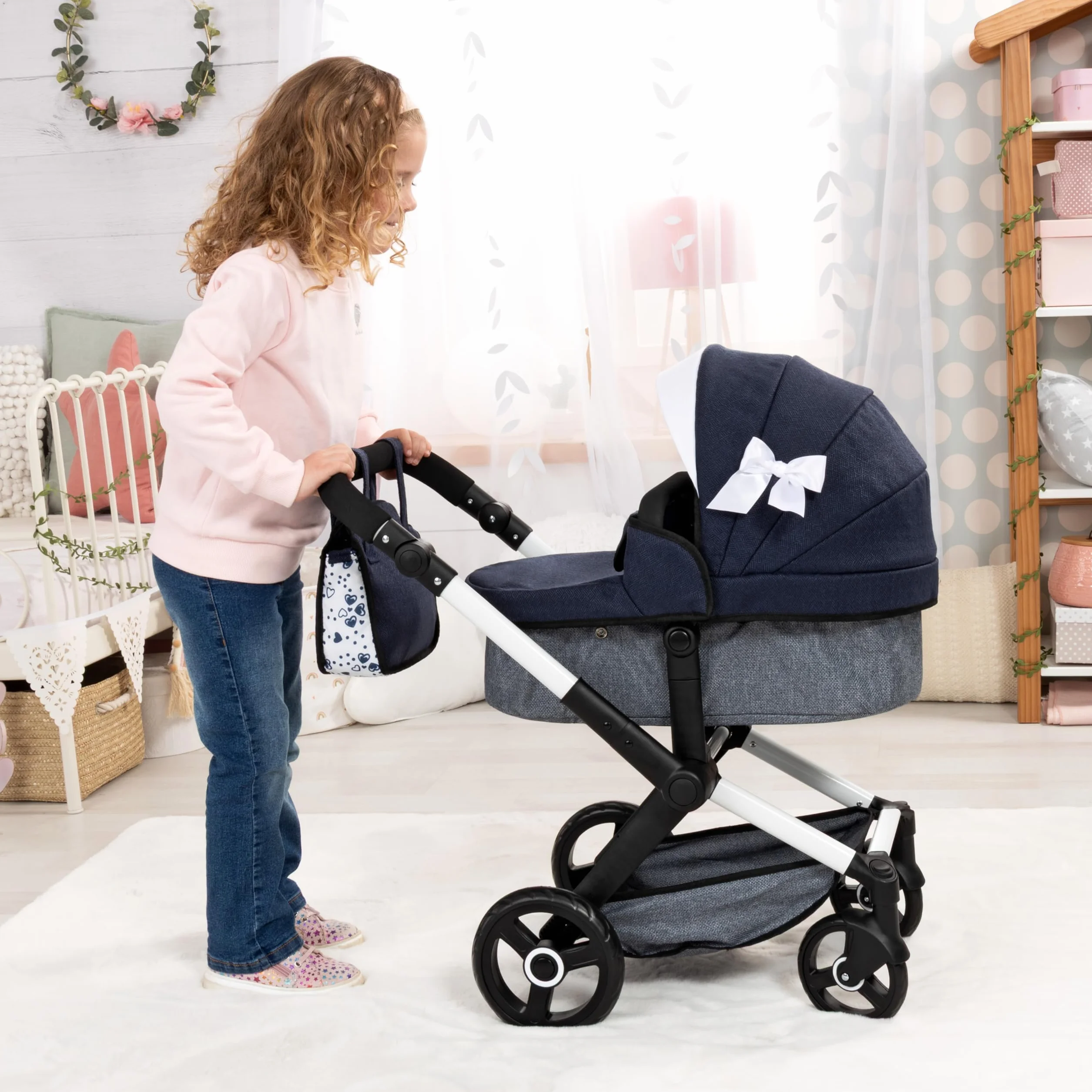 Bayer Design Cochecito de muñeca Xeo, Carro para muñecas, Bolsa, Convertible, Regulable en Altura