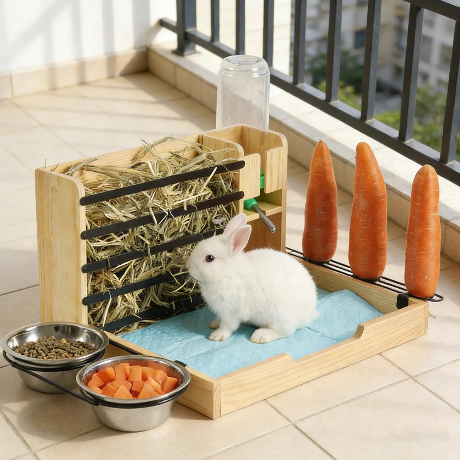Alimentador para de Conejo Estación Alimenticia con Estructura de Madera Comedero de Acero Inoxidable Bandeja Sanitaria y Bebedero Adecuado para