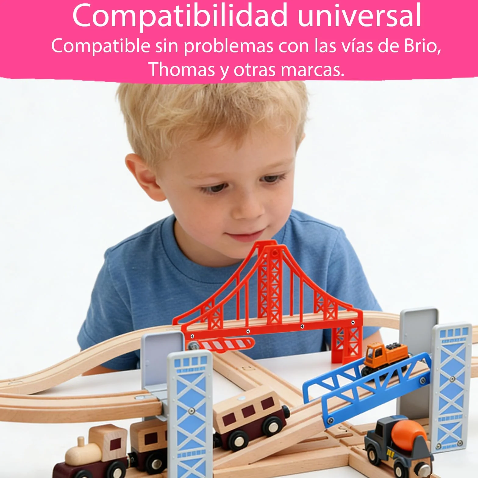 Puente de ferrocarril de madera para niños, compatible con otros puentes de tren de juguete