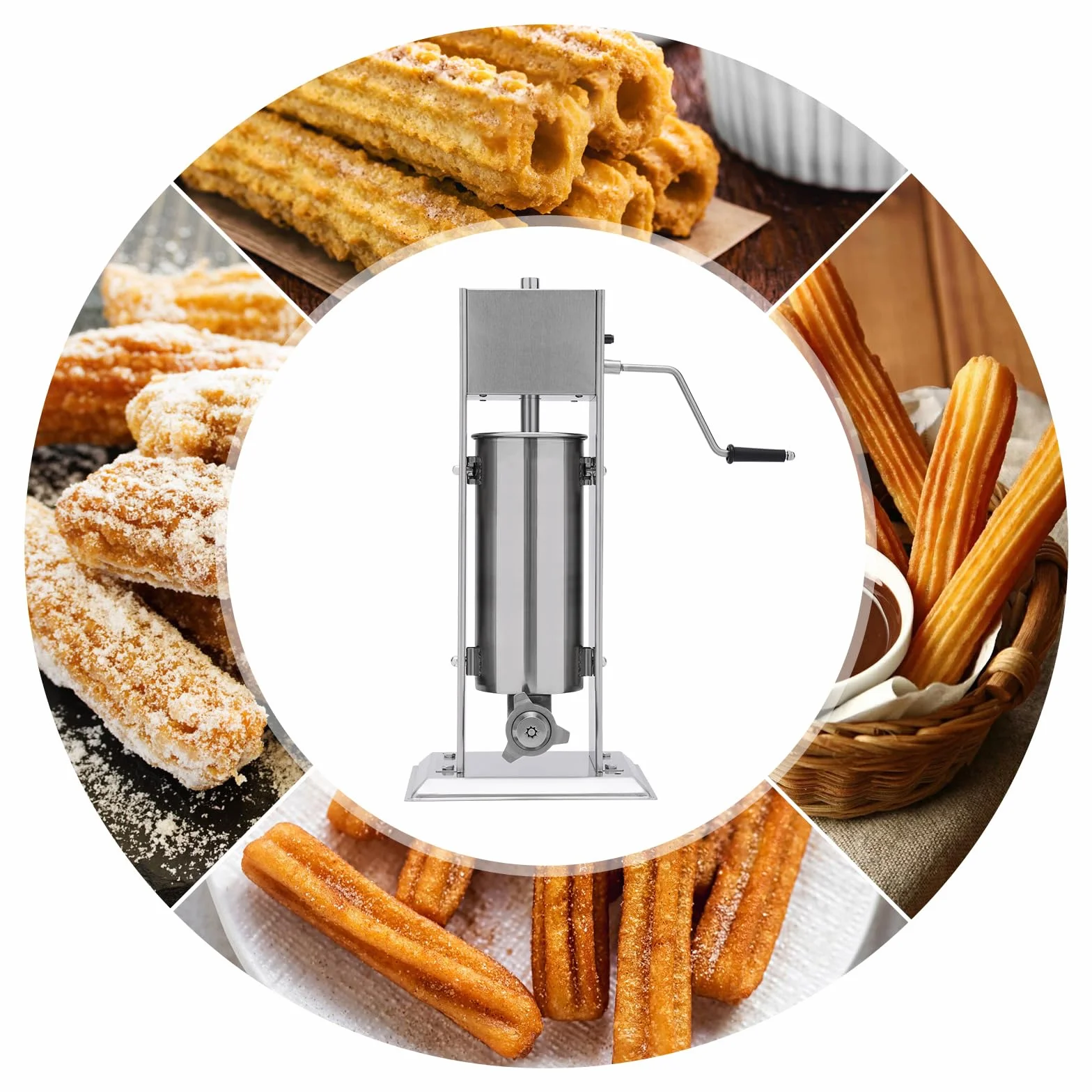 Máquina de churros manual profesional de 5 litros multifuncional para aperitivos, máquina de churros de acero inoxidable comercial con 4 boquillas (3 formas diferentes), para uso comercial o privado