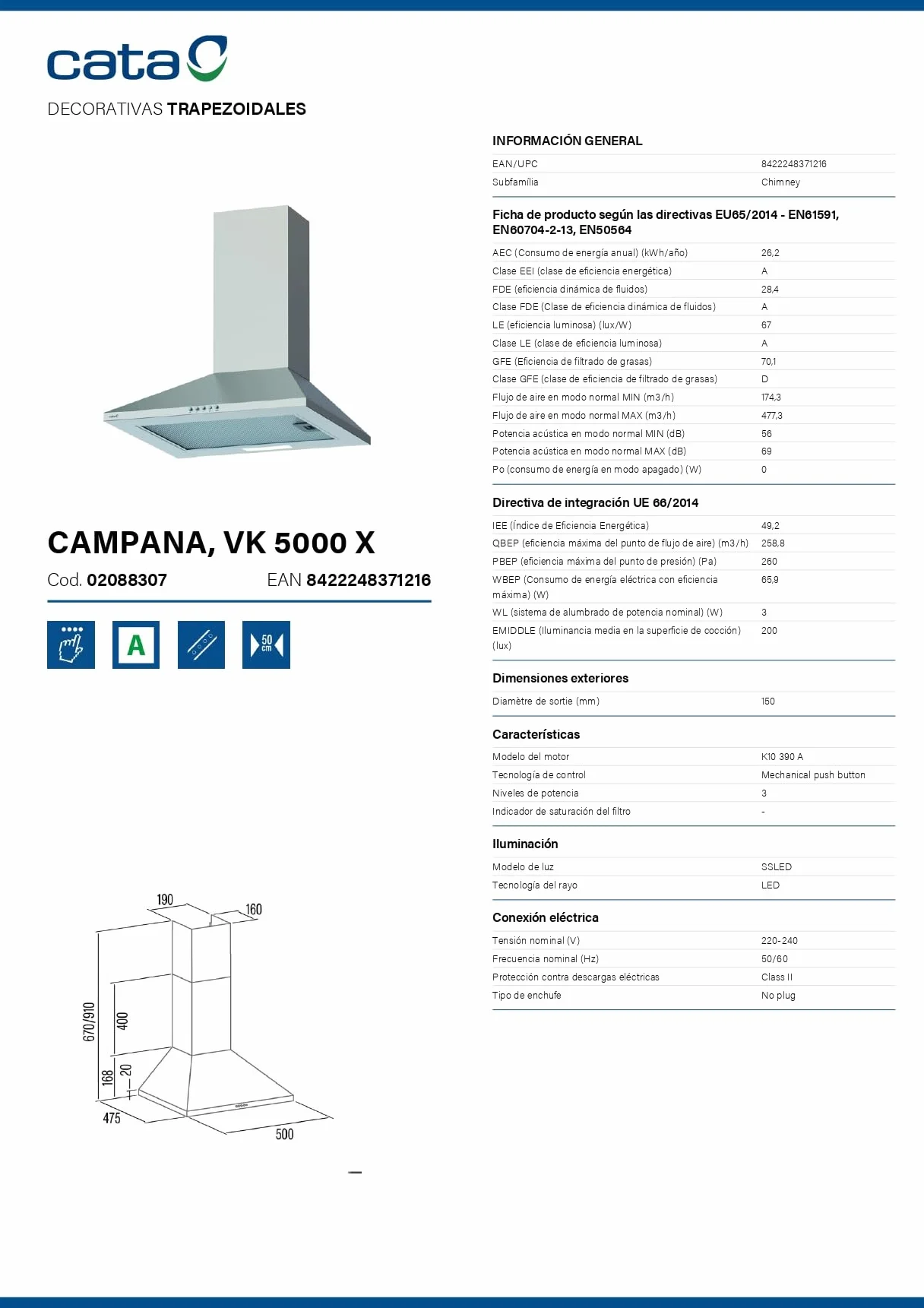 CATA Campana Extractora VK 5000 X Control Mecánico 3 Niveles 480 m3/h 56 dB Motor K10 110 W Led Inox