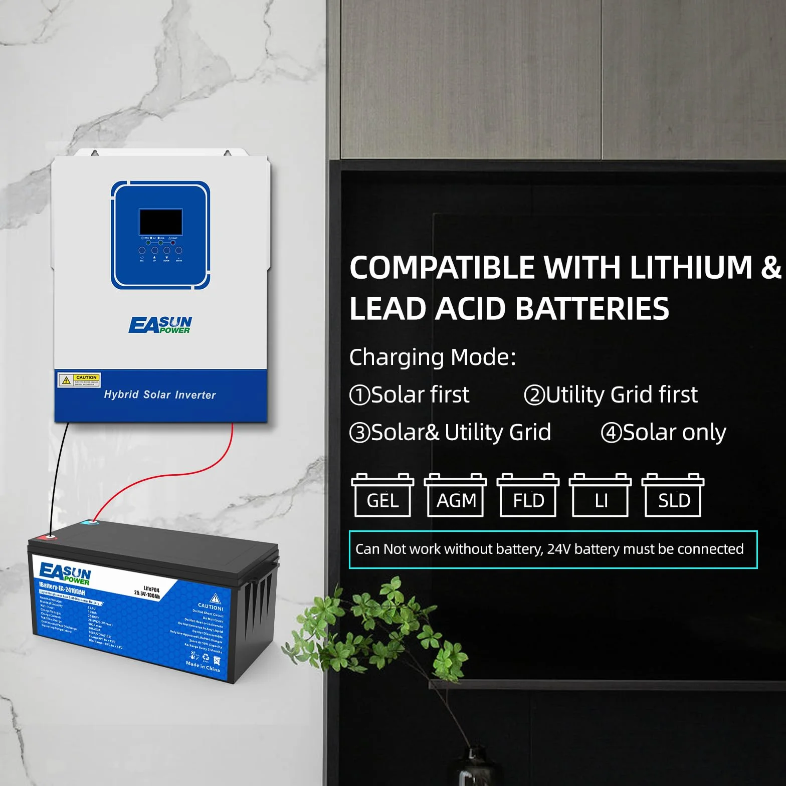 POWLAND Inversor Híbrido 24V 4000W, Onda Sinusoidal Pura Aislado de la Red, DC a AC 230V, Máximo PV 60-500VDC, para Baterías de Plomo y Litio, con Módulo WiFi (SMG II 4KW)