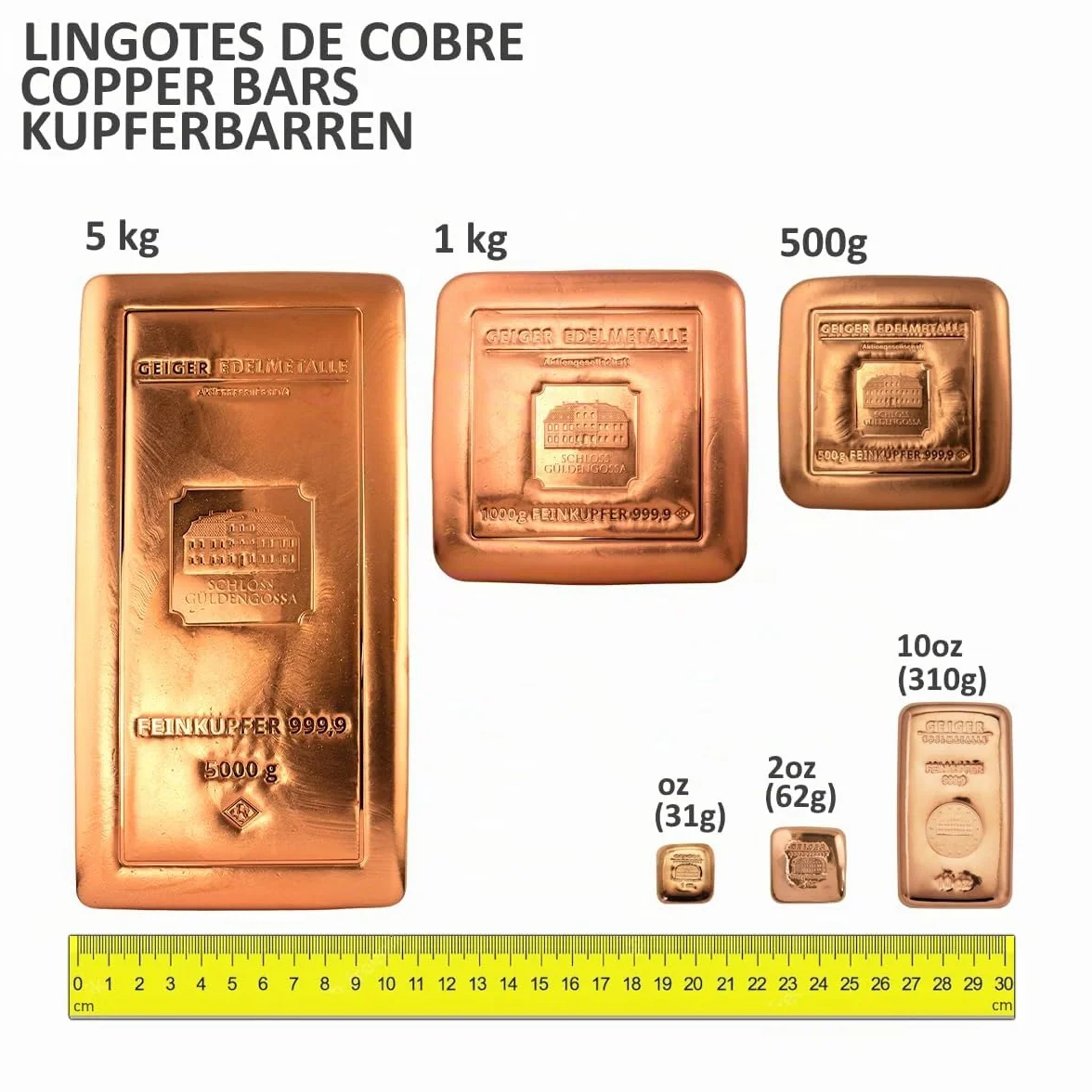 Lingote de cobre de 1 kilogramos de refinería de metales precisosos Geiger Edelmetalle (Alemania))