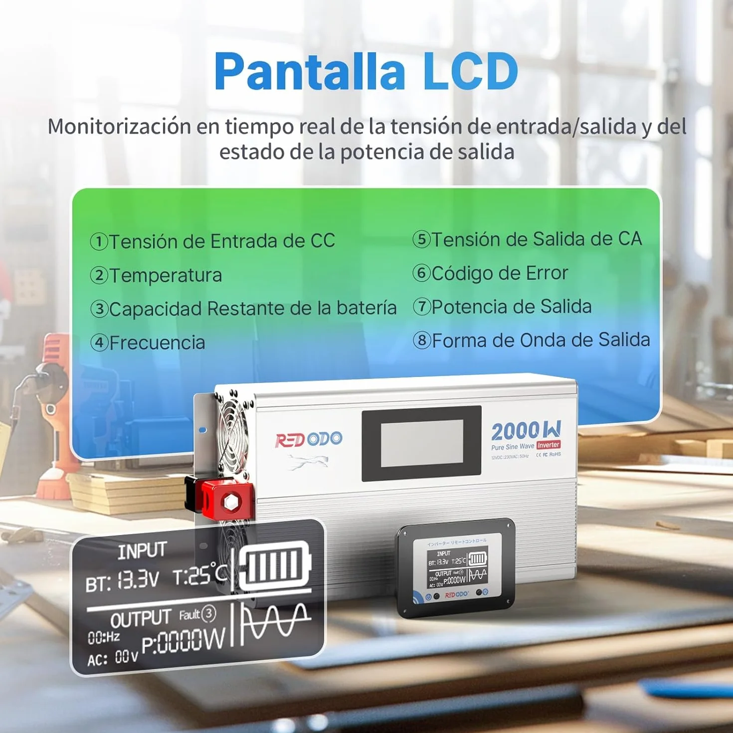 Redodo Inversor Onda Sinusoidal Pura 2000W 2V DC a 230V AC Convertidor para Camping,Inversor Energía Solar con 2xSalidas de CA,Pantalla de Monitorización con Visualización de Estado en Tiempo Real