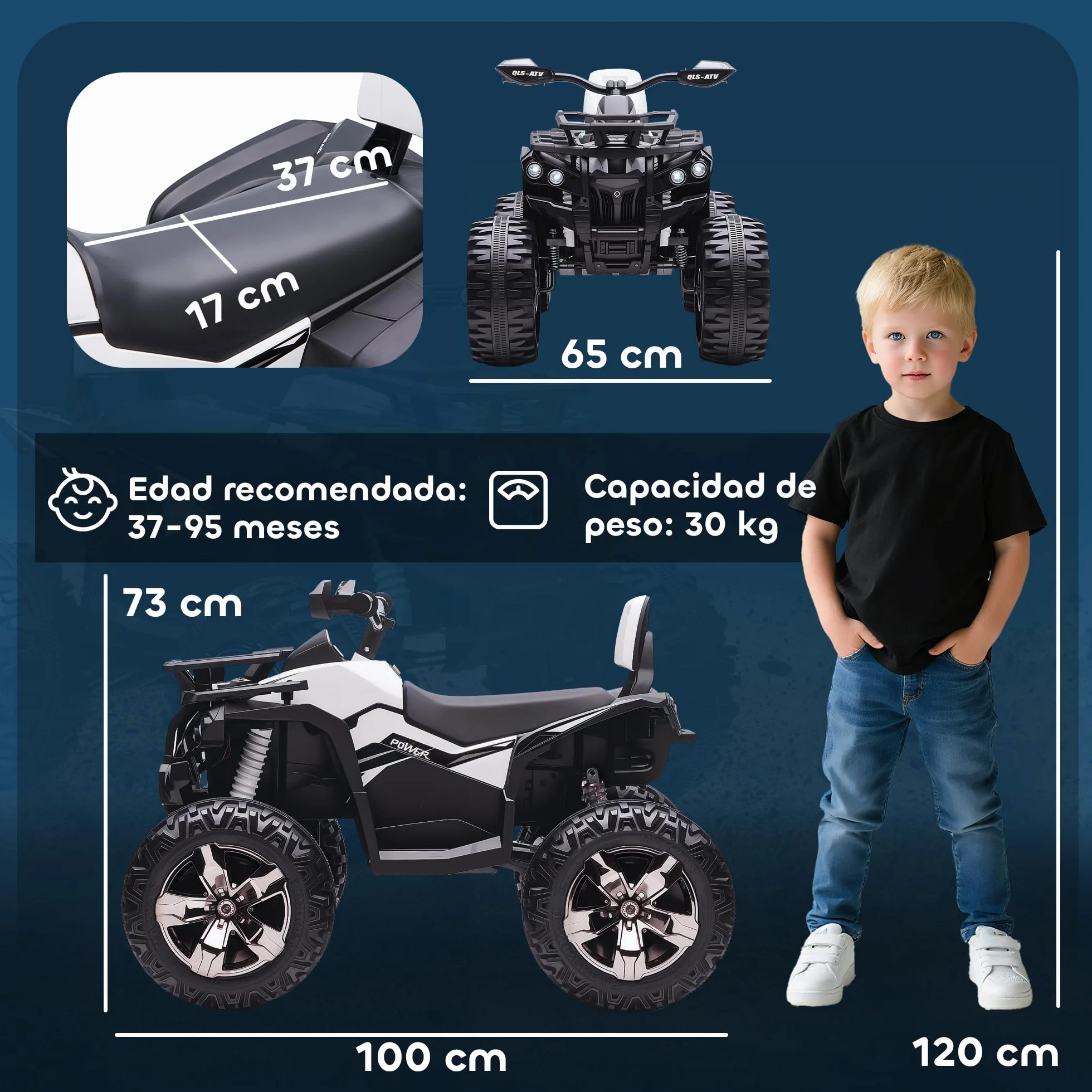 HOMCOM Quad Eléctrico para Niños 12V 10AH 2 Motores 3–8 km/h LED MP3 USB Blanco
