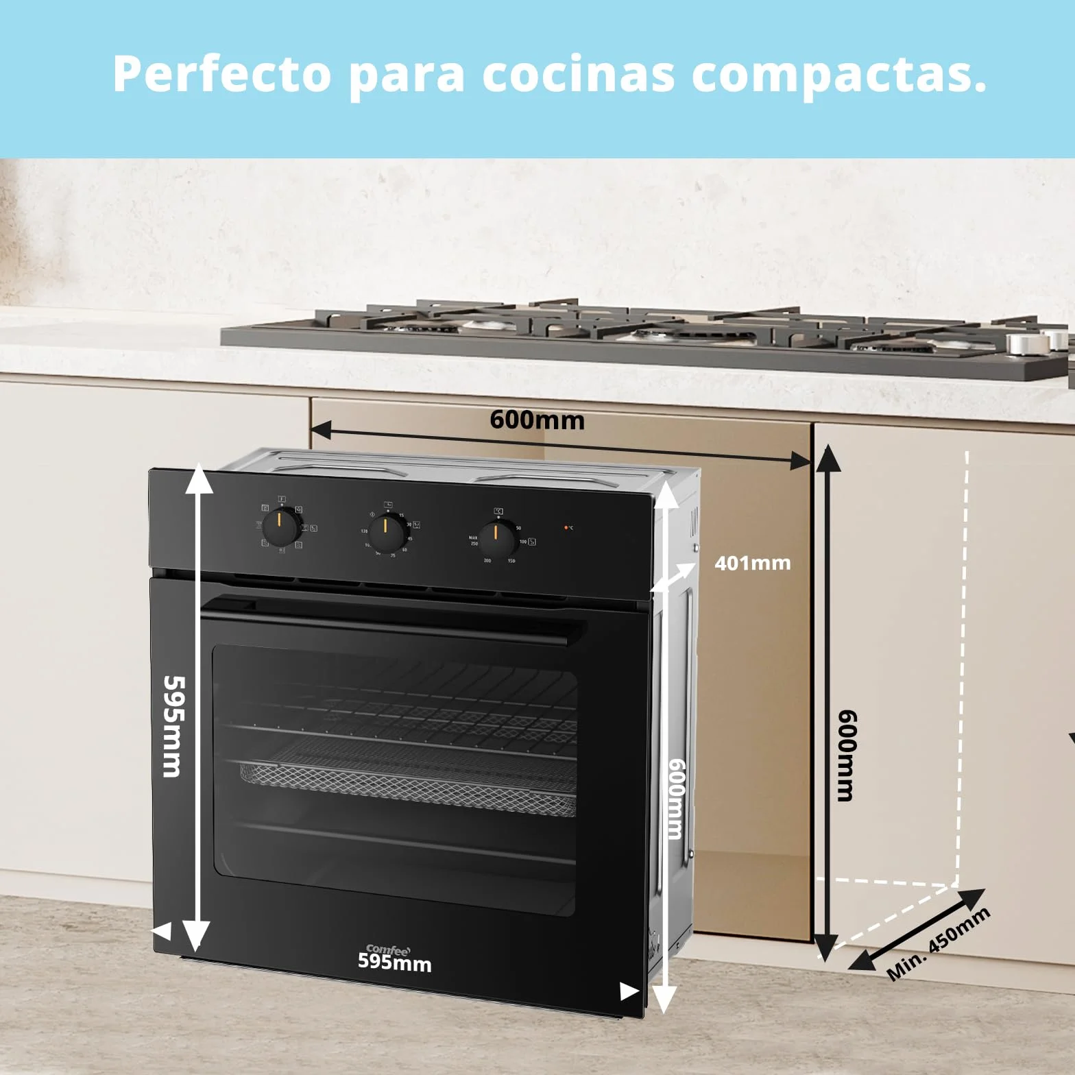 COMFEE' CBO60M80M1-BK Horno empotrable 60 cm 60 litros 8 funciones freidora de aire cocción multifase puerta extraíble limpieza vapor negro