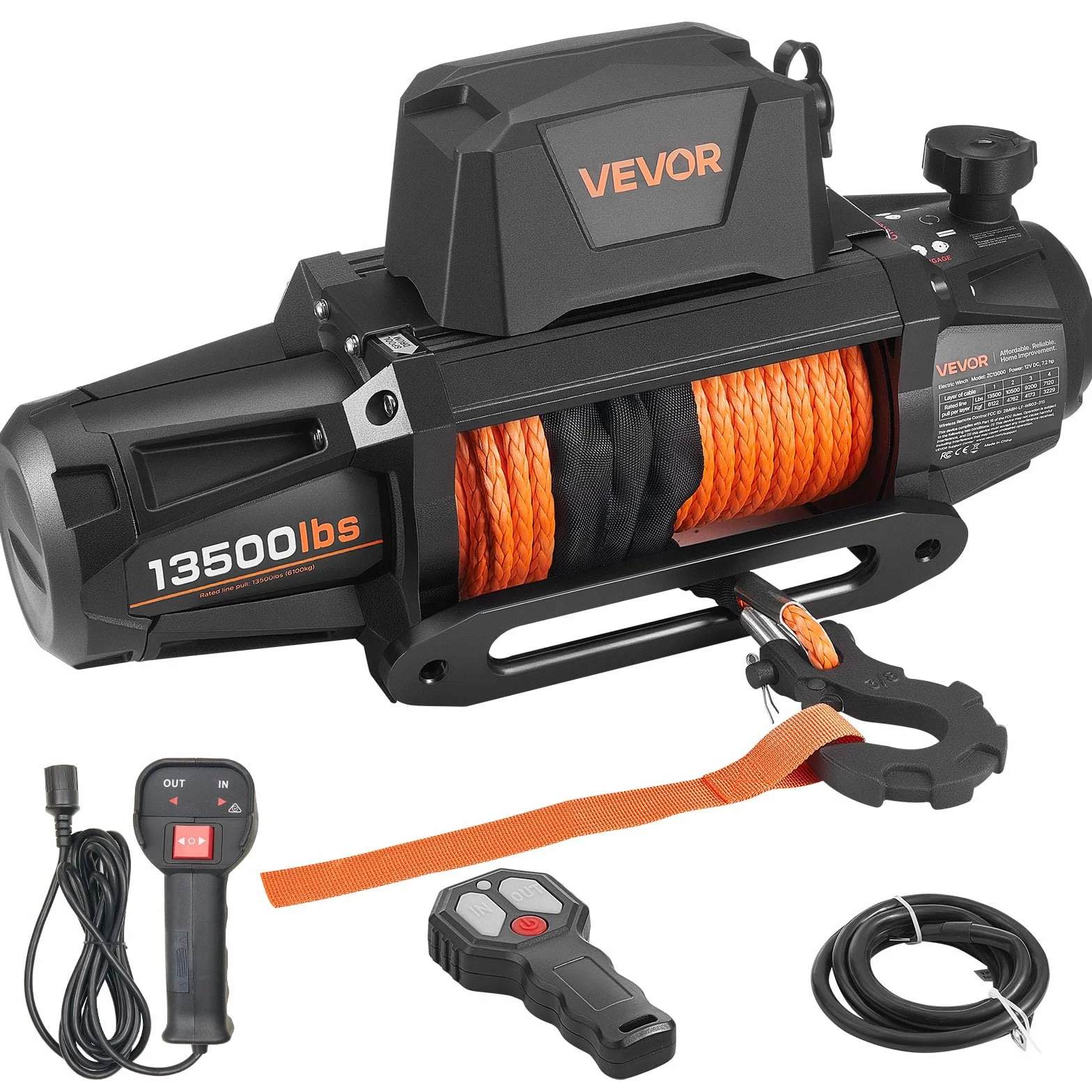 VEVOR Cabrestante Eléctrico de 12 V CC, 6100 kg, con Cuerda Sintética de Φ 9,5 mm x 28 m, Control Remoto Inalámbrico y con Cable, Resistente al Agua, para Remolcar SUV, Jeep, Remolques, Barcos