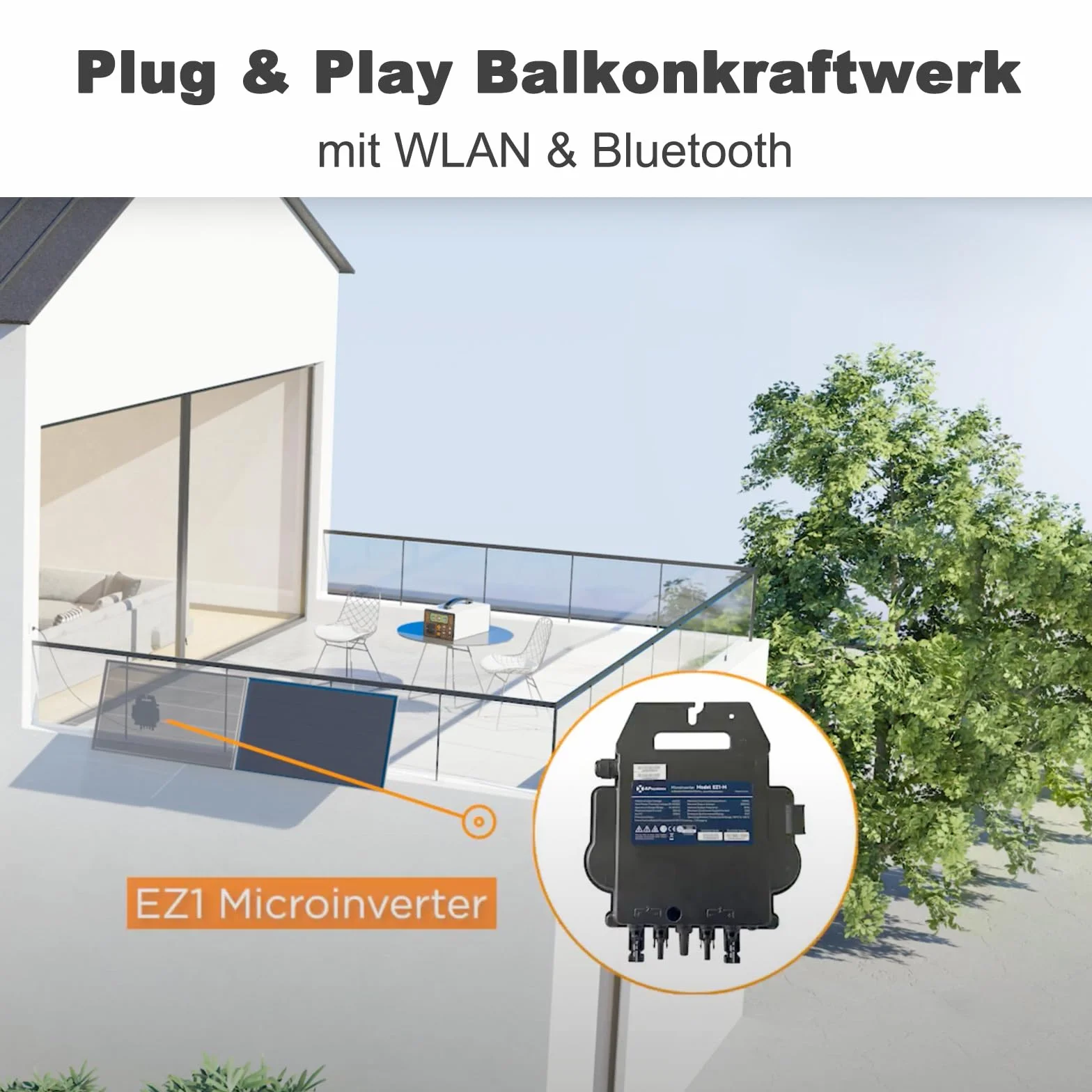 Microinversor APsystems con WiFi y Bluetooth, Certificado PV VDE, inversor Plug & Play Ideal para Sistemas solares en Balcones (EZ1-M 800W con Cable de conexión)