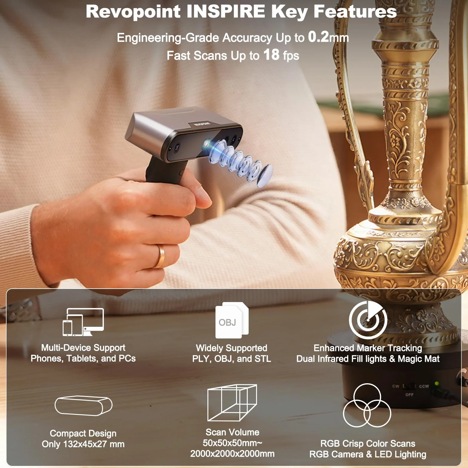 Revopoint Escáner 3D Inspire para impresión 3D, precisión de 0,2 mm, velocidad de escaneo de 18 FPS, modelo 3D portátil, escaneo estable con IMU, escáner 3D de infrarrojos con plato giratorio