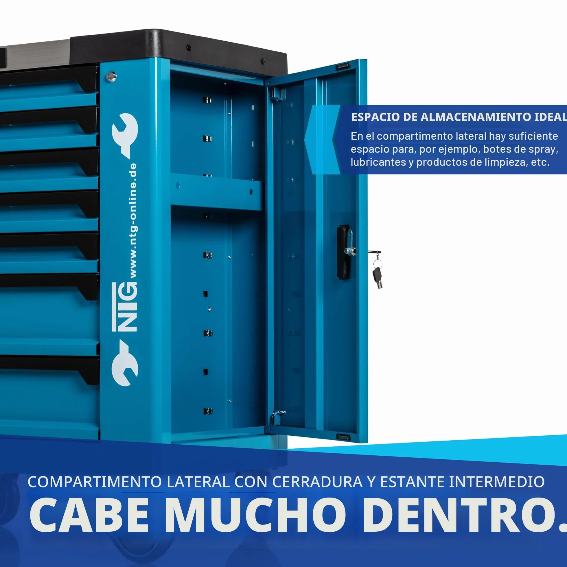NTG Carro de Taller con 252 Herramientas, 7 cajones, cajón Cargo, Placa de Acero Inoxidable, con Cerradura