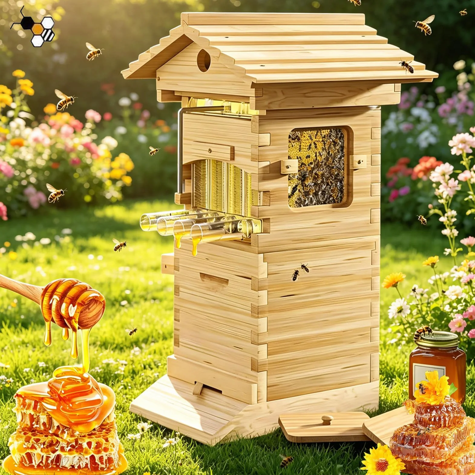 Kit De Inicio Automático De Colmena De Flujo Automático, Caja De Madera For Abejas con 7 Bandejas De Panal, Ventana De Observación For Apicultura Y Polinizadores De Jardín.