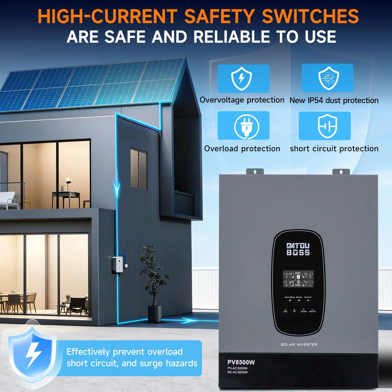 DATOUBOSS 6200W Inversor Híbrido Solar, Onda Sinusoidal Pura 48V a 230V, Controlador de Carga MPPT 120A, Uso Fuera de Red, Compatible con Baterías de Iones de Iitio, para Caravana y Sistemas Solares.