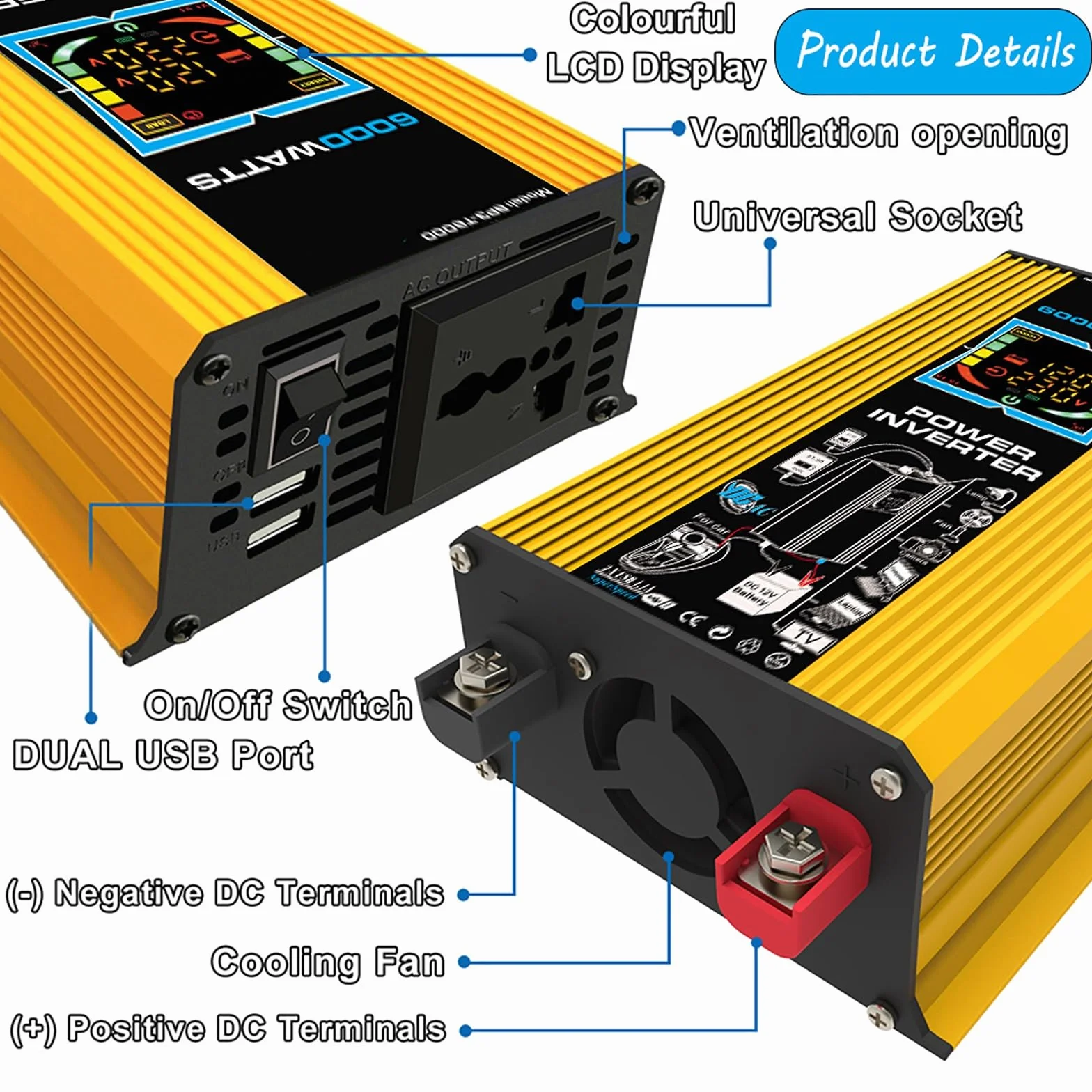 Inversor solar de 6000 W con panel solar monocristalino de 100 W, kit inversor de potencia de 12 V a 220 V con controlador de carga PWM de 50 A, pantalla LCD y USB: sistema de energía solar portátil f