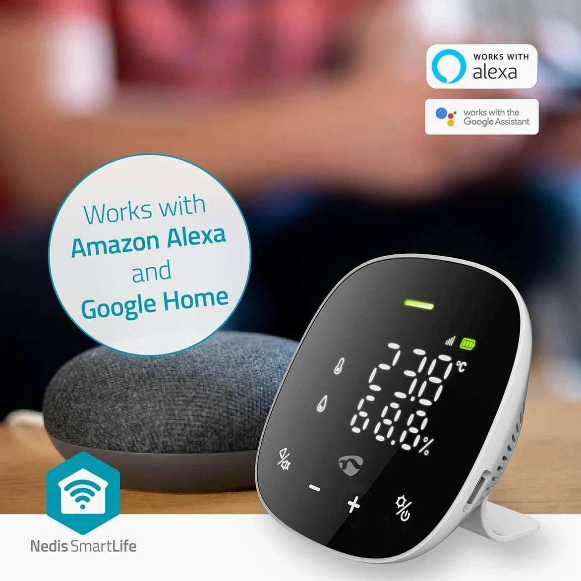 SmartLife Monitor de calidad del aire – Wi-Fi – Incluye pantalla – Dióxido de carbono (CO2) / Humedad/Temperatura – Android/IOS – Negro/Blanco
