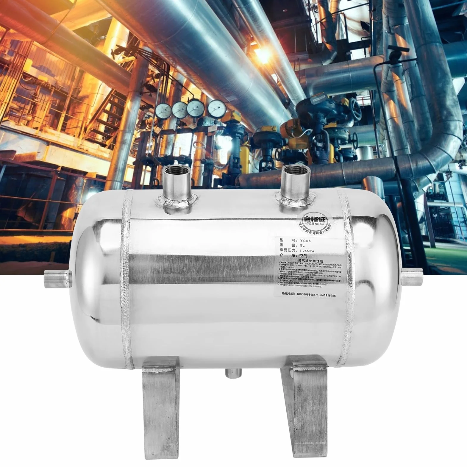 Tanque de Almacenamiento de Gas de Acero de 5 Litros Depósito de Aire Contenedor de 4 Puertos de Acero Inoxidable 304 con Alta Presión 1/4NPT para Uso Industrial Médico y
