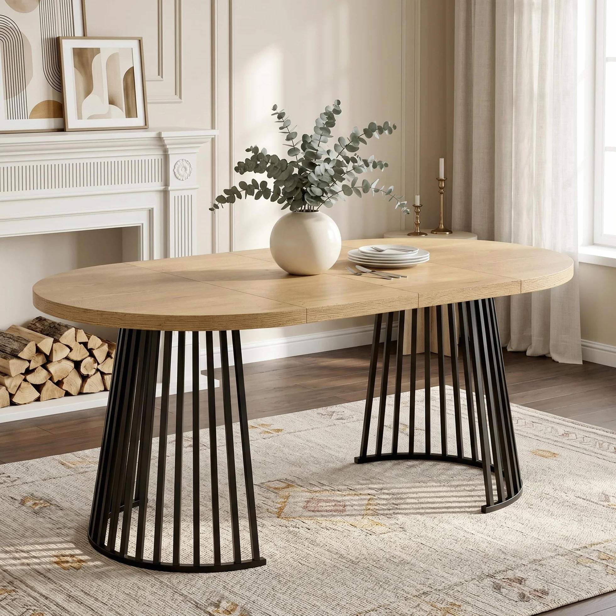Wiuzo Mesa de comedor extensible de 100/138/176 x 100 cm, mesa de comedor redonda para 4-8 personas, diseño telescópico de dos piezas, tablero grueso (color roble + negro)