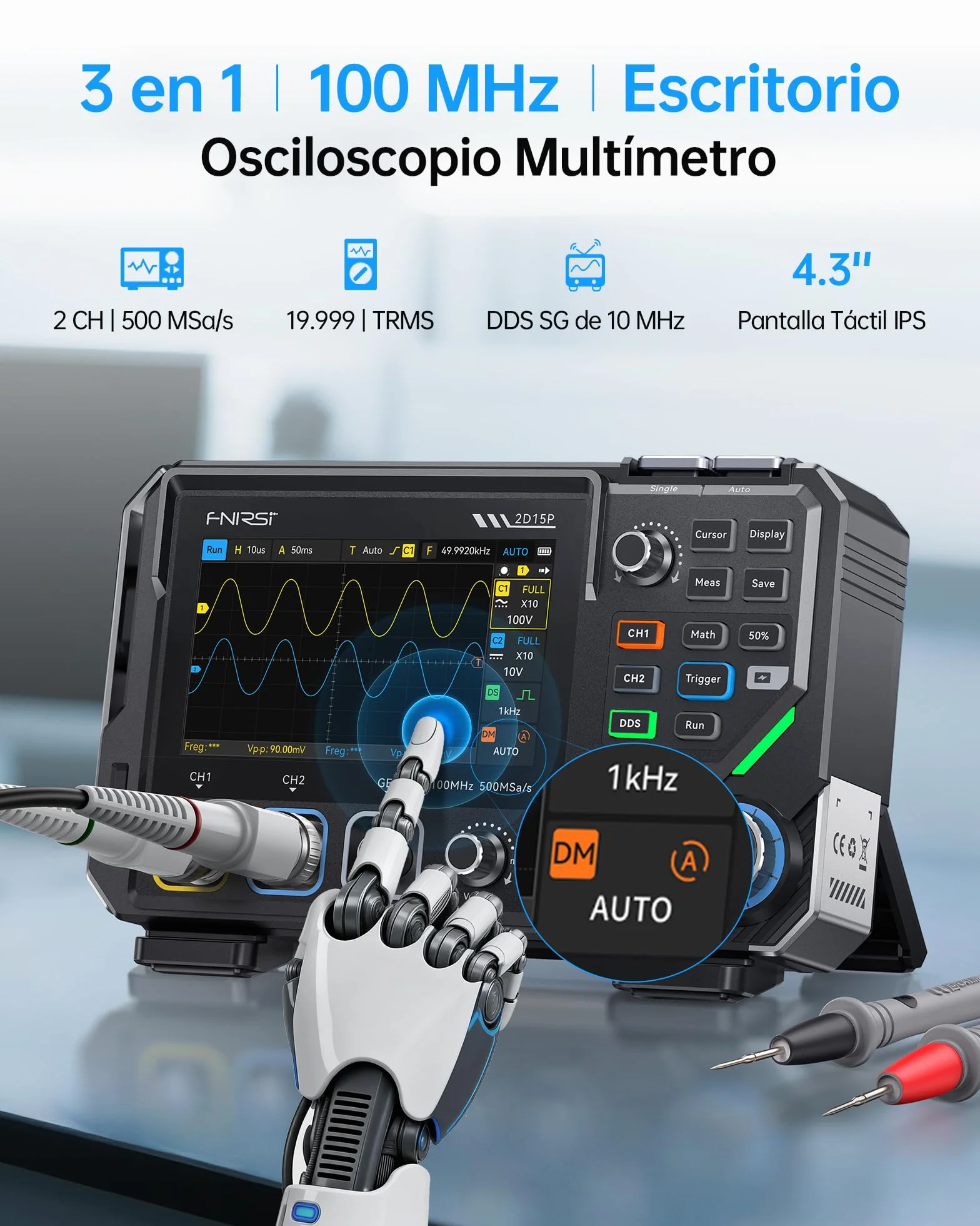 FNIRSI 2D15P Osciloscopio Digital de 100 MHz, Multímetro, Generador de Señales DDS, 3 en 1, 2 Canales, Multímetro Automotriz, 19’999 TRMS, Muestreo de 500MS/s, Pantalla Táctil de 4,3"
