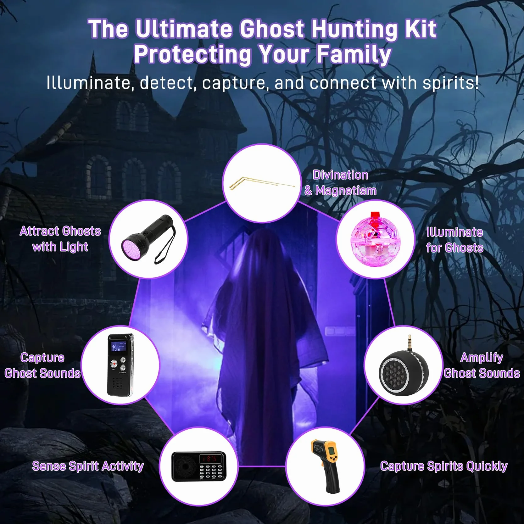 Kit de caza de fantasmas de 11 piezas con 1 medidor EMF, 1 grabadora EVP, 1 caja de espíritu, 1 altavoz, 1 termómetro infrarrojo, 1 luz UV, 2 varillas de detección de latón, 2 bolas de gato con luz