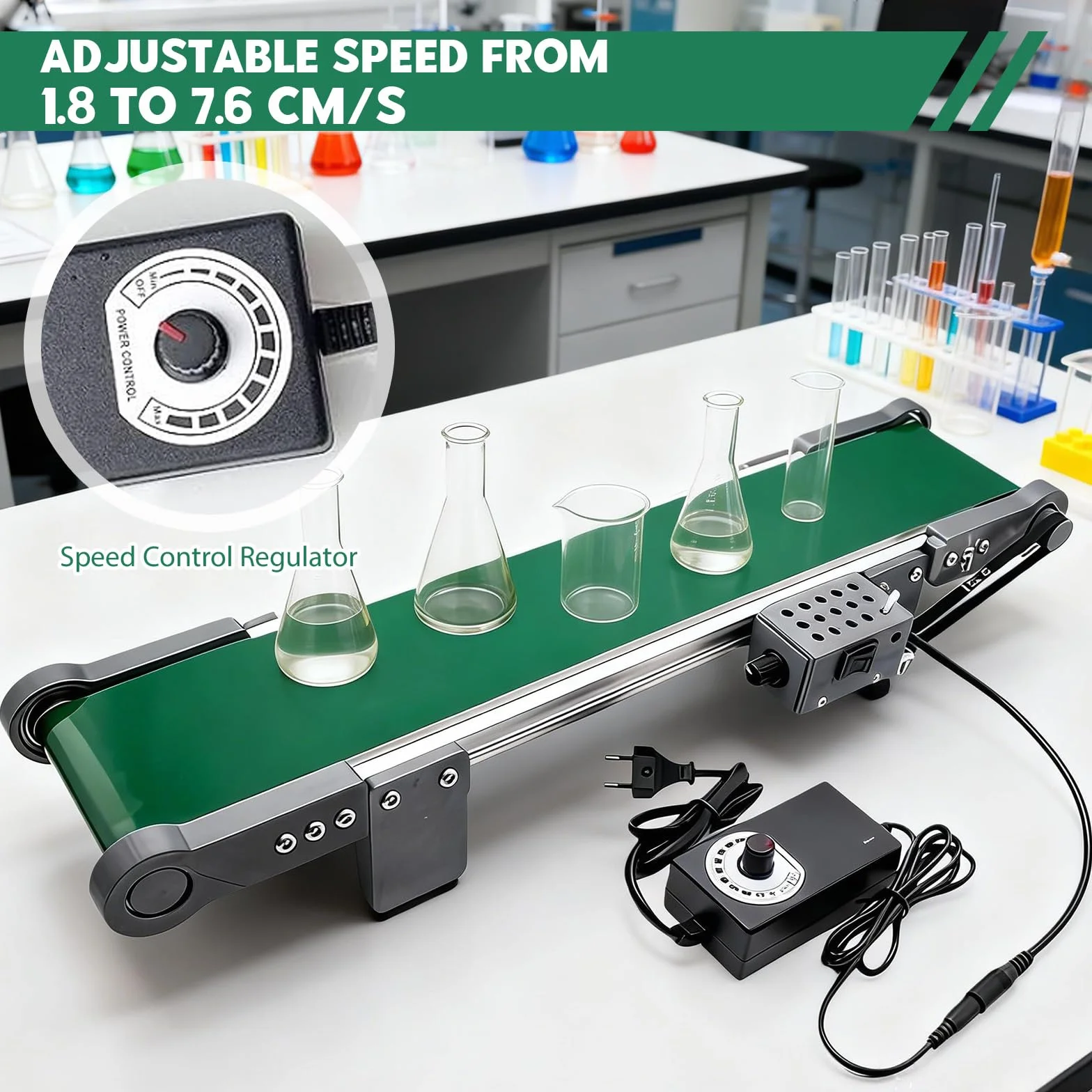 Cinta transportadora eléctrica de escritorio con interruptor de avance/retroceso CC 12 V 167 rpm Mini cinta transportadora automática para experimentos de fricción, velocidad de la cinta 1,8-7,6 cm/S