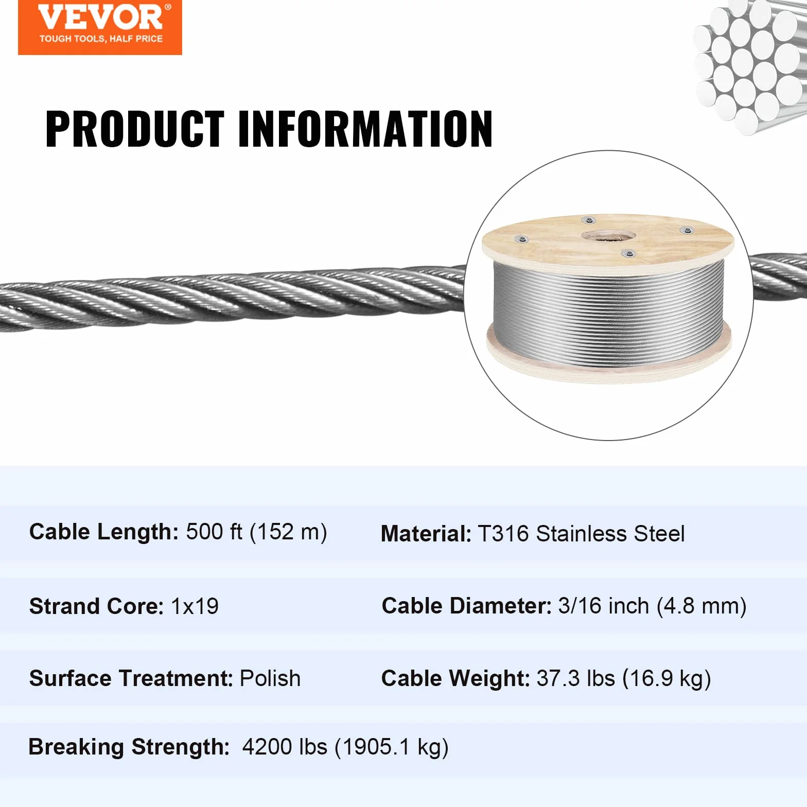 VEVOR Cable de Acero Inoxidable 152 m Cable de Acero Inoxidable Bobina de 4,8 mm Cable de Suspensión 1x19 Hilos Resistencia a la Rotura 1905,1 kg para Barandillas de Escaleras Tendedero Colgar Luces