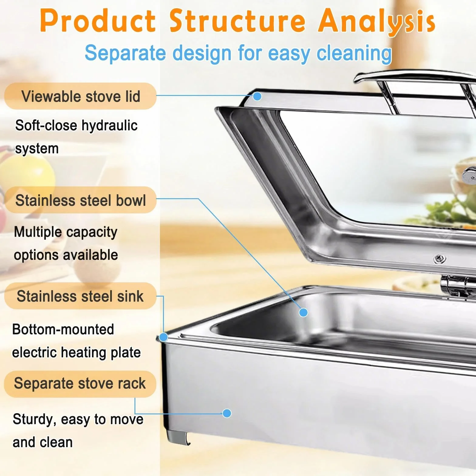 Chafing Dish Eléctrico 9L Acero Inoxidable con Tapa Transparente, Calentador de Comida para Buffet y Fiestas (1/2 Pan)