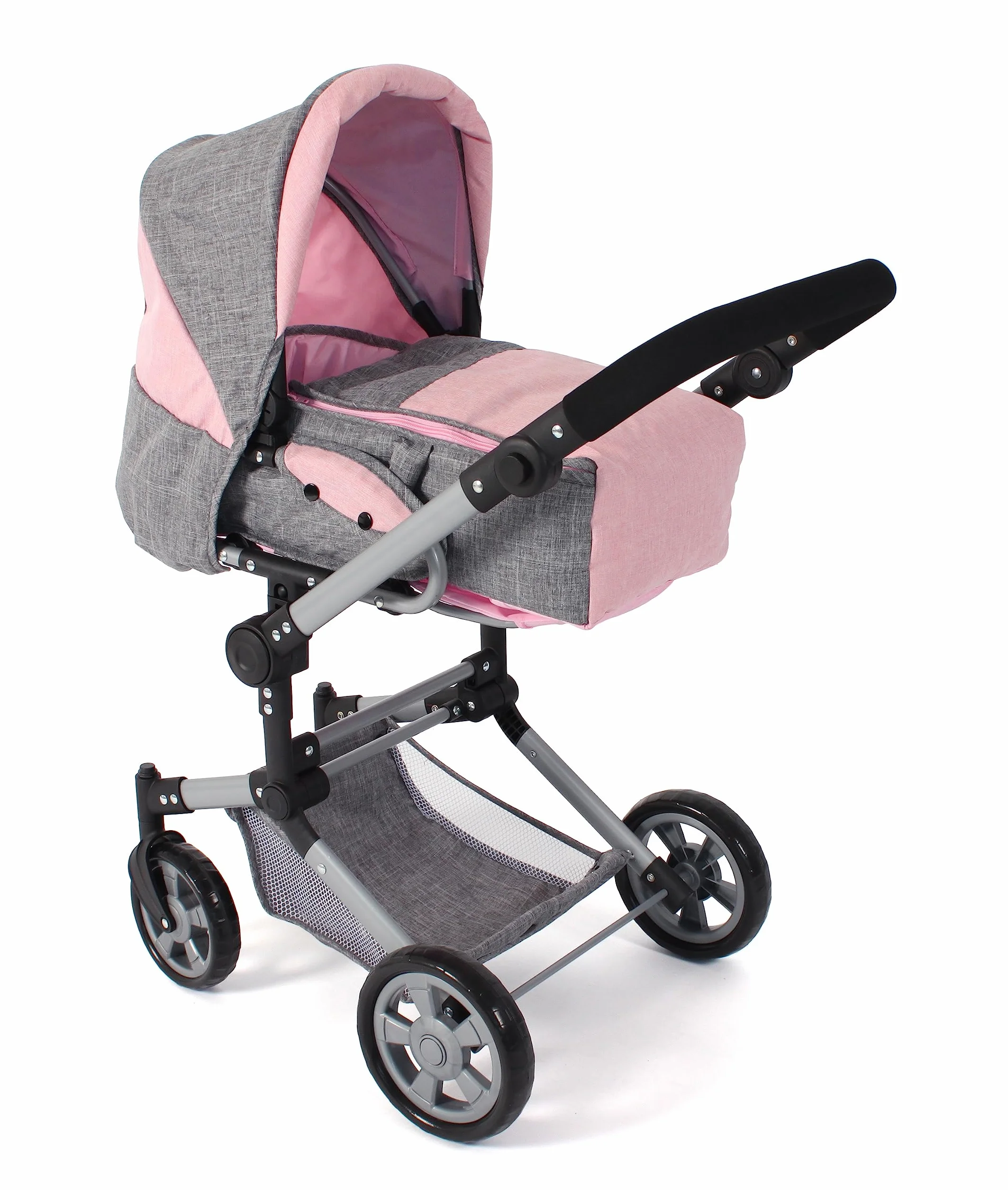 Bayer Chic 2000 Carrito 3 en 1 para muñecas Jara, Gris y Rosa, Plegable, Mango Regulable 47-78 cm, Bolsa Transporte